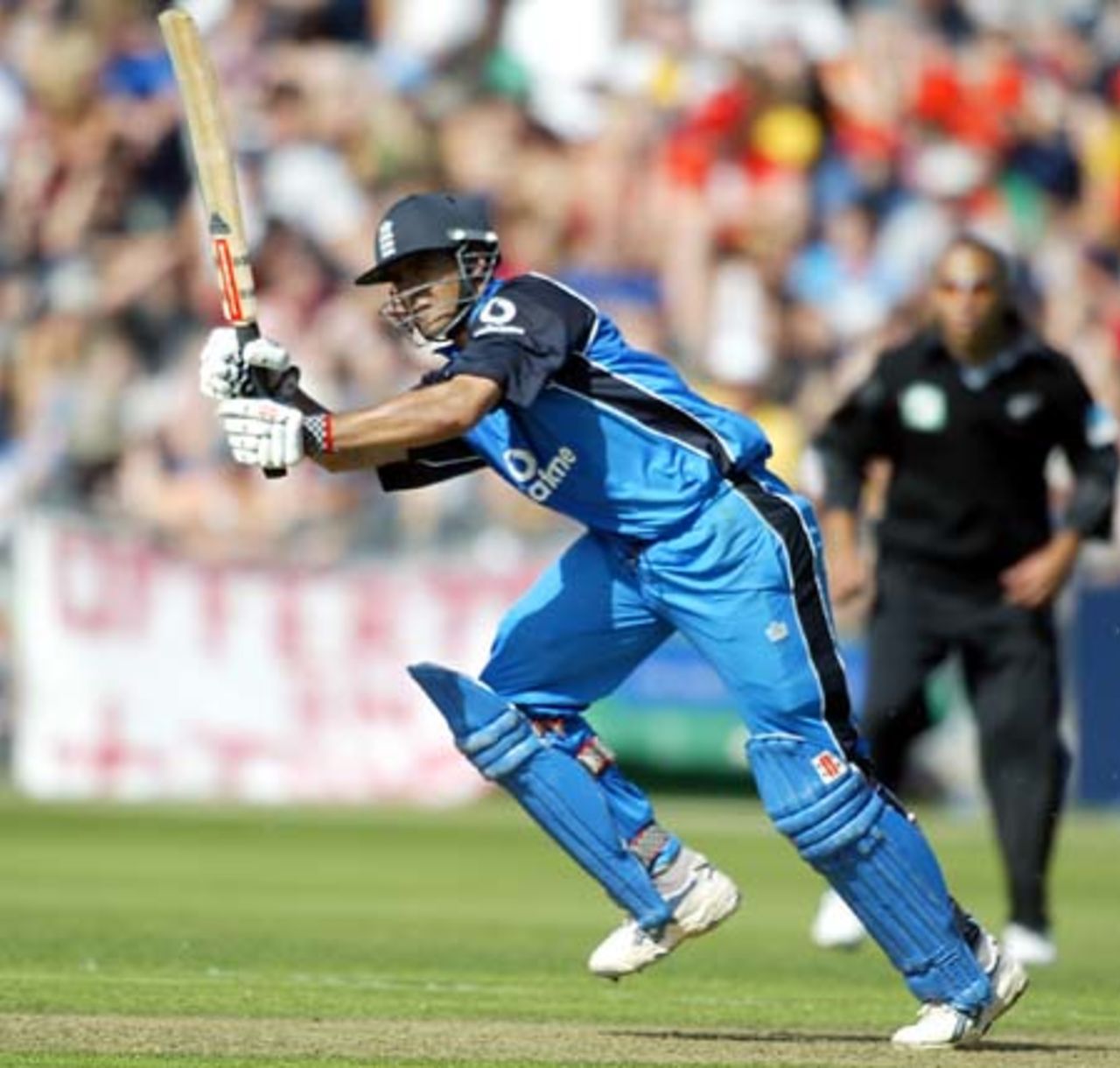England batsman Owais Shah drives a delivery on the leg side during his innings of 57. 5th ODI: New Zealand v England at Carisbrook, Dunedin, 26 February 2002.