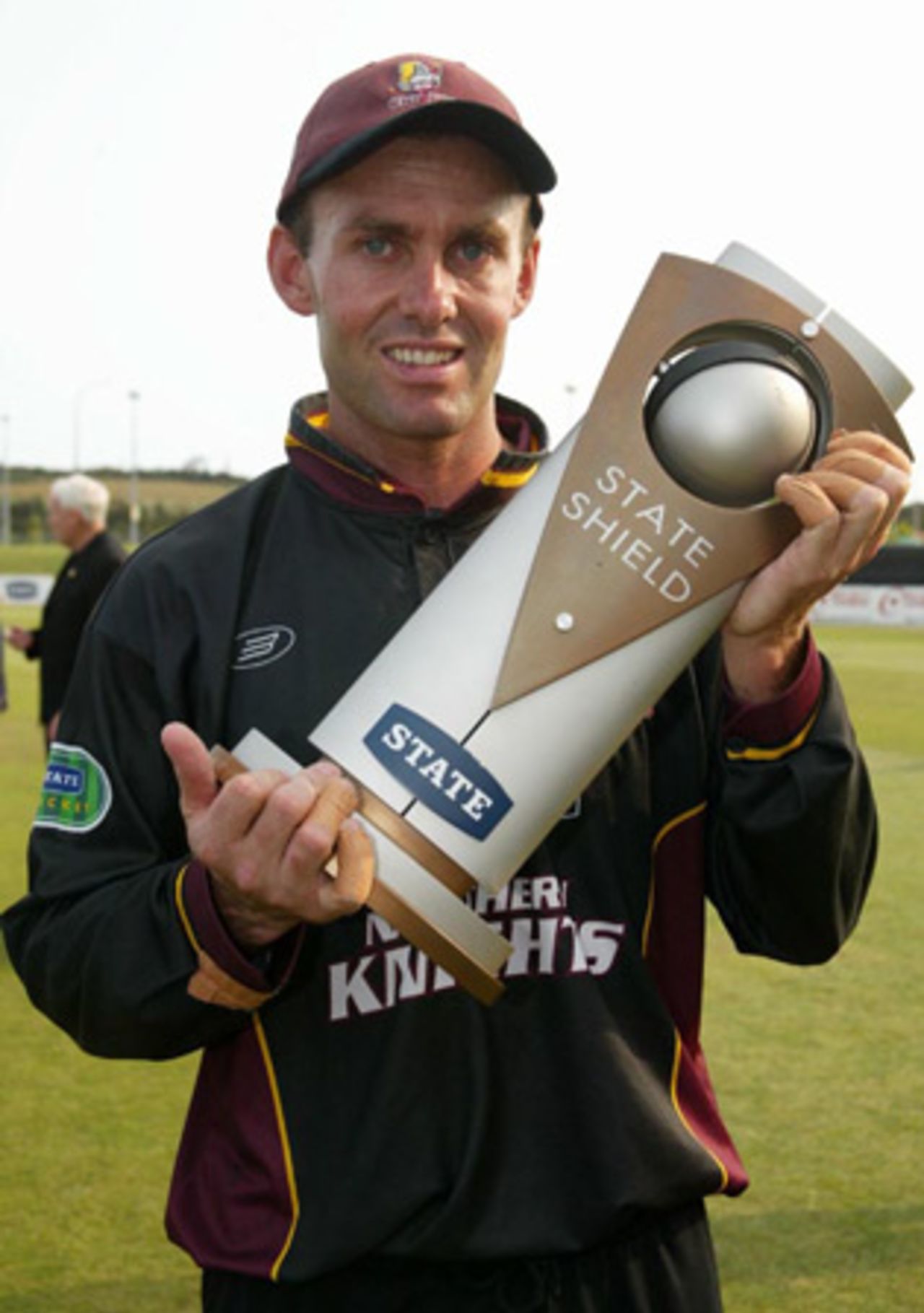 Northern Districts captain Robbie Hart holds the State Shield trophy. Northern Districts beat Auckland by 17 runs in the 2002/03 final. State Shield Final: Auckland v Northern Districts at North Harbour Stadium, Auckland, 1 February 2003.