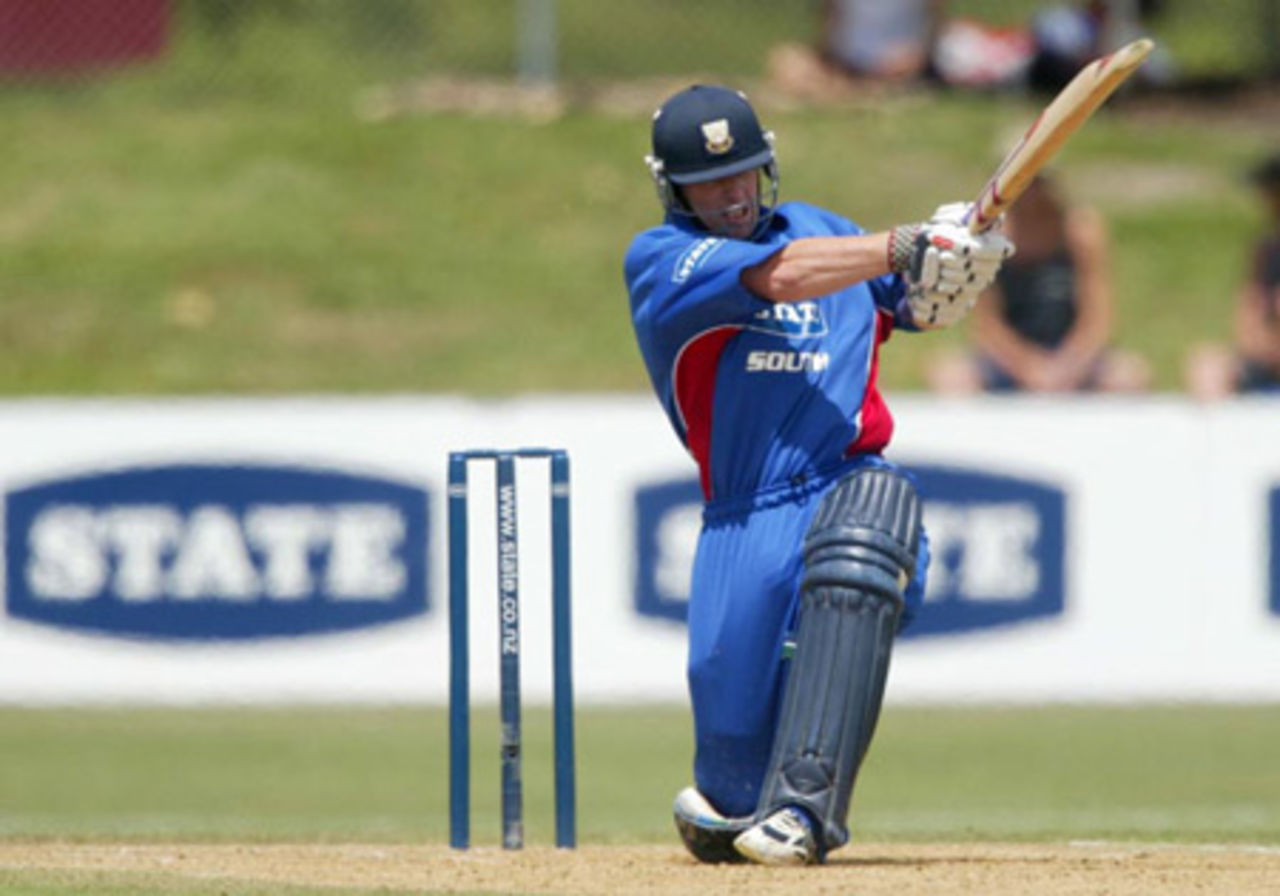 South Island batsman Chris Gaffaney pulls a delivery during his first innings of 25. State of Origin: North Island v South Island at North Harbour Stadium, Auckland, 2 February 2003.