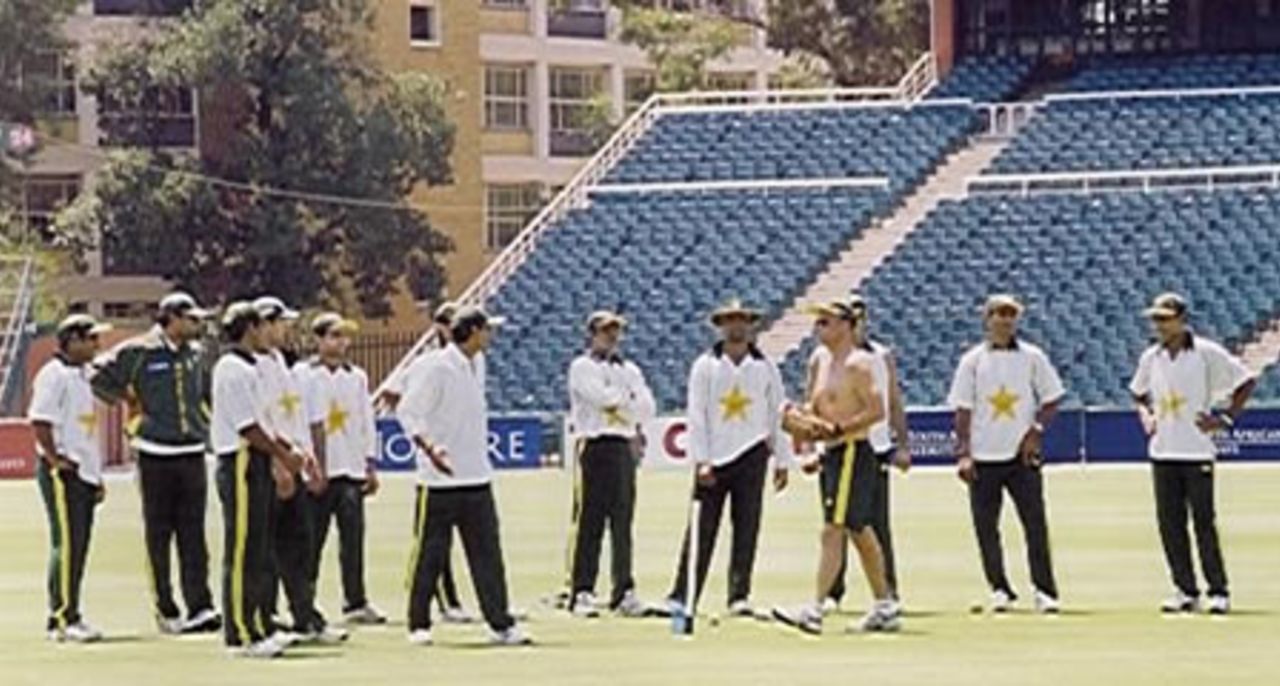 Coach Richard Pybus (topless) directing a training session, Wanderers Stadium, ICC World Cup 2003, Monday February 3, 2003