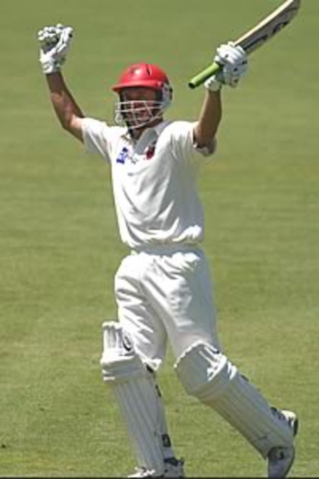 ADELAIDE - FEBRUARY 5: Brad Young celebrates his century during the Pura Cup match between the Southern Redbacks and the Queensland Bulls at Adelaide Oval in Adelaide, Australia on February 5, 2003. He made a record-breaking eighth-wicket partnership of 222 with Michael Miller.