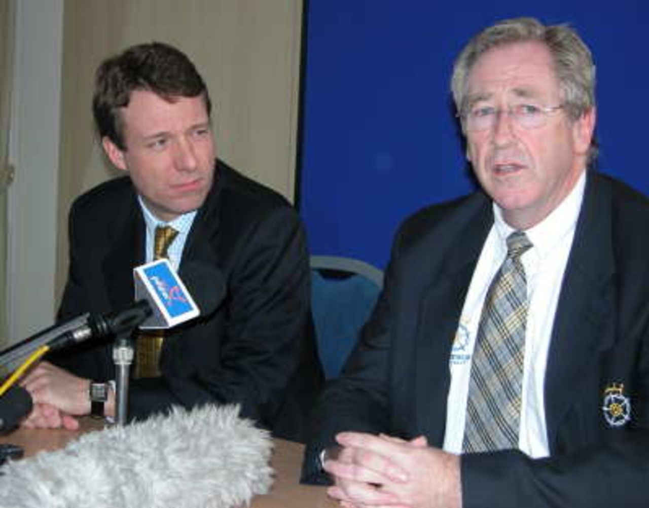 Hampshire Chairman Rod Bransgrove and Nike Pike Chief Esecutive address the press following the Shane Warne drug taking accusations at The Hampshire Rose Bowl