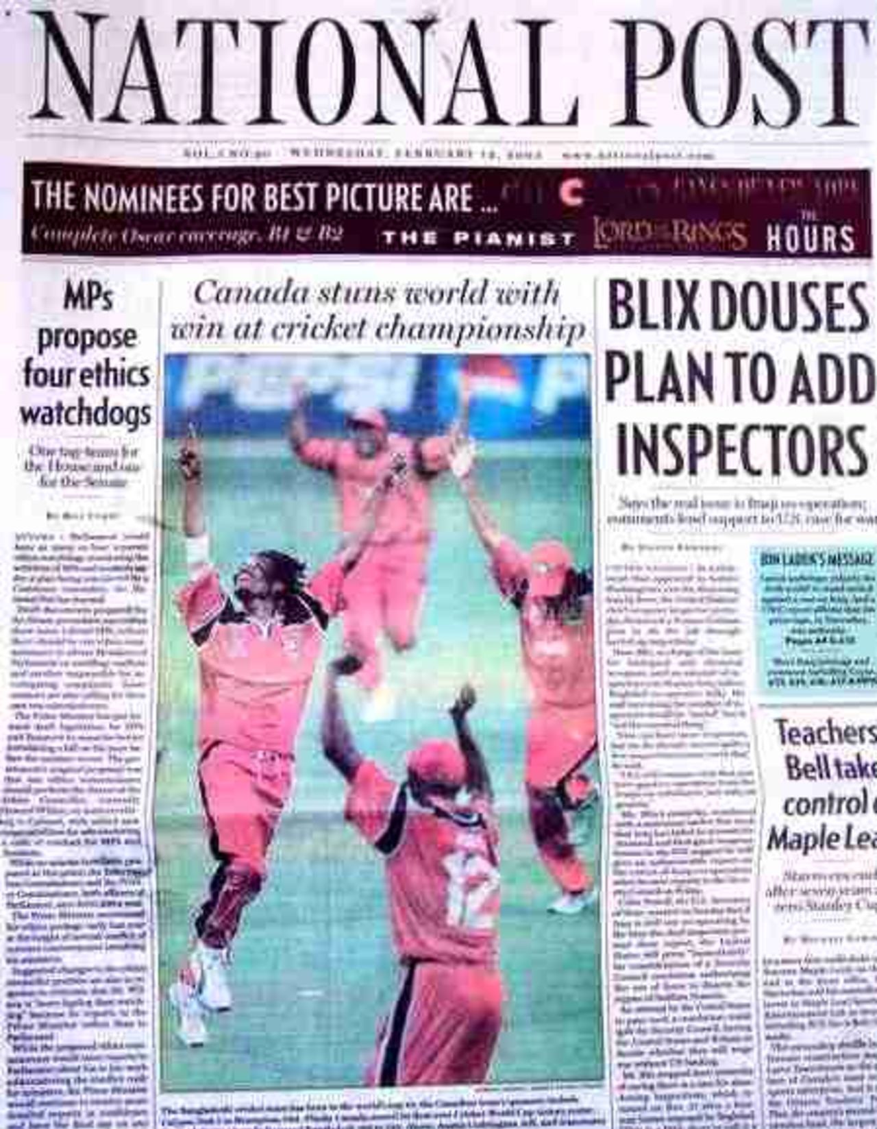 Canadian cricket hits the front page - Canada victory over Bangladesh gets front page coverage from the National Post