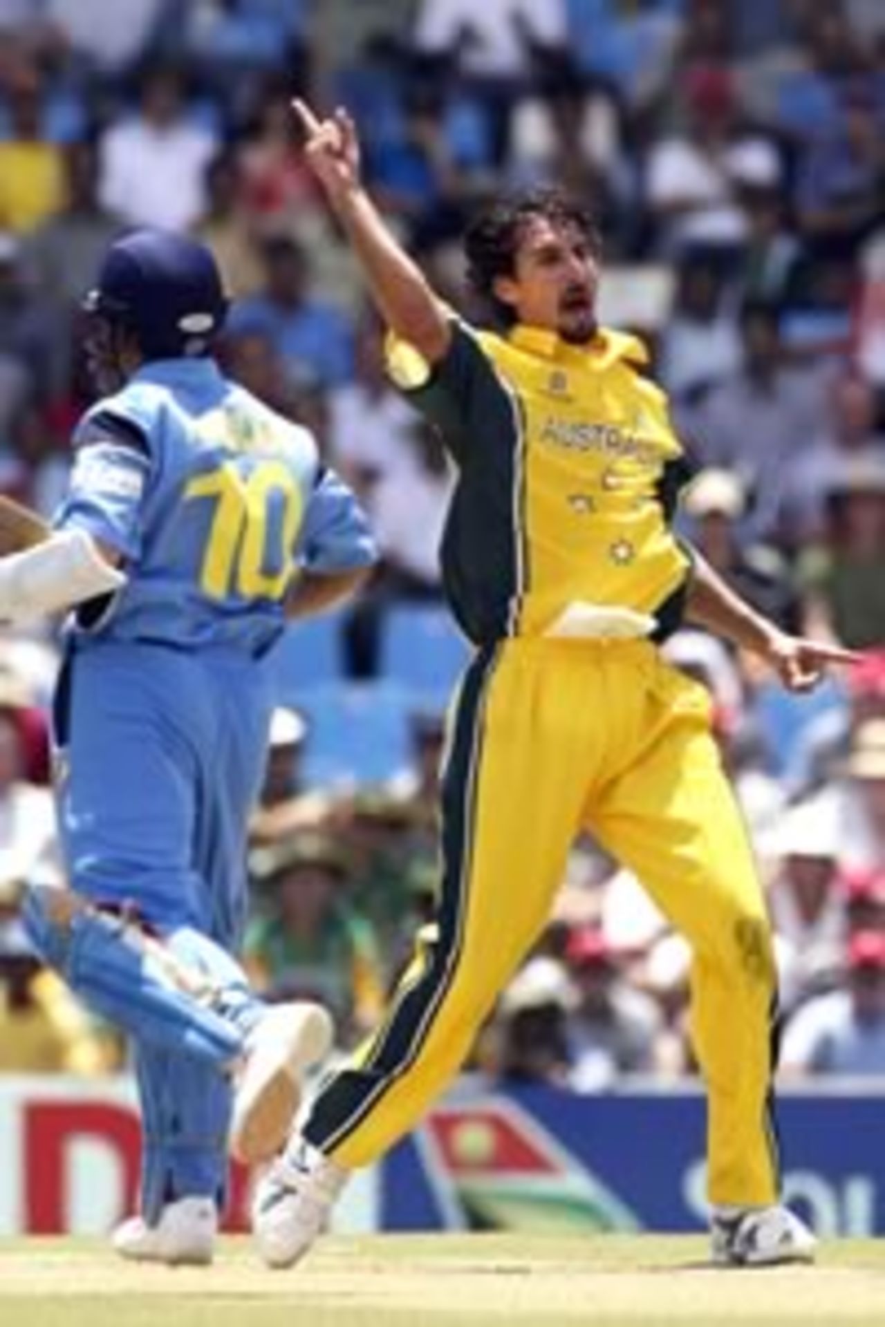 CENTURION- FEBRUARY 15: Jason Gillespie of Australia celebrates after trapping Sachin Tendulkar of India LBW for 36 during the World Cup One Day International between Australia and India played at Super Sport Park, Centurion, South Africa, on February 15, 2003.