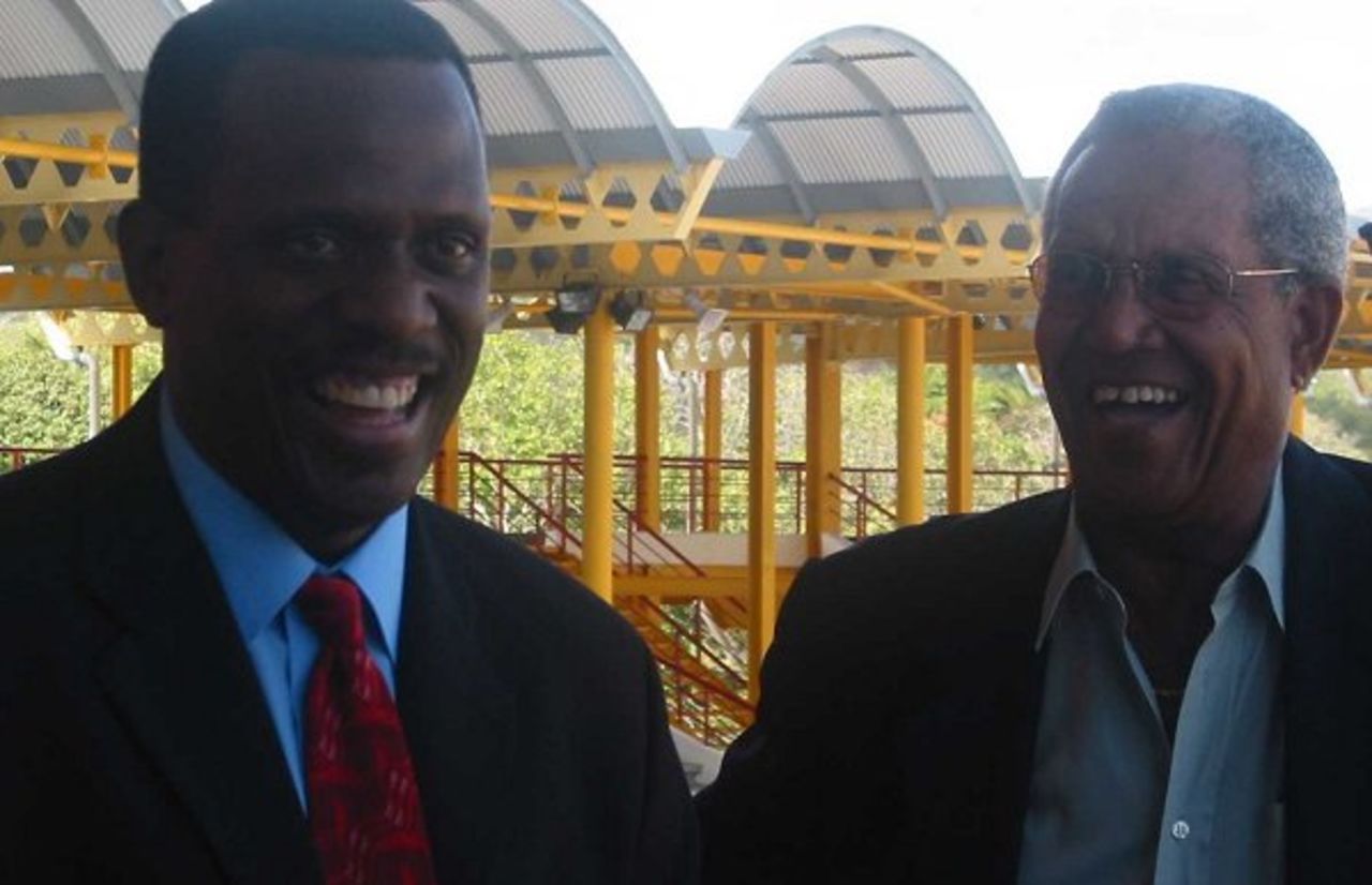 Tourism Minister Hon. Phillip J. Pierre and Sir Garfield Sobers at the St Lucia launch of the Double Wicket World Cup (Feb 2003)