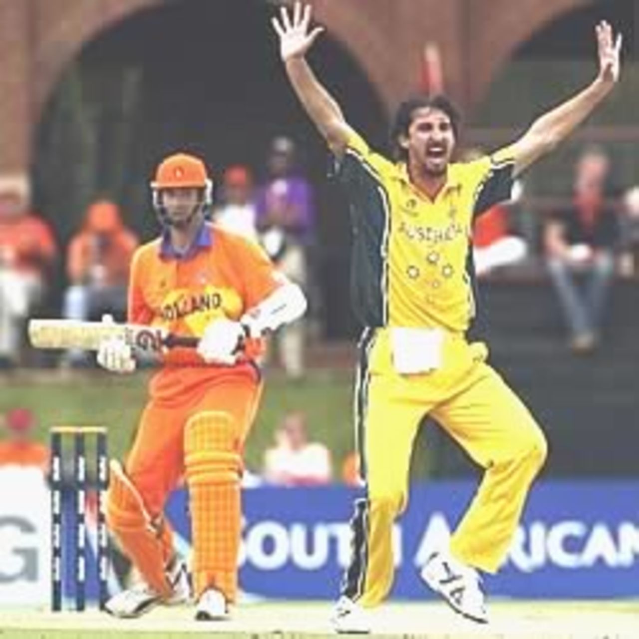 POTCHEFSTROOM - FEBRUARY 20: Jason Gillespie of Australia appeals for the wicket of Klaas Van Noortwijk of Holland during the World Cup One Day International between Australia and Holland at North West Cricket Stadium, Potchefstroom, South Africa, on February 20, 2003.