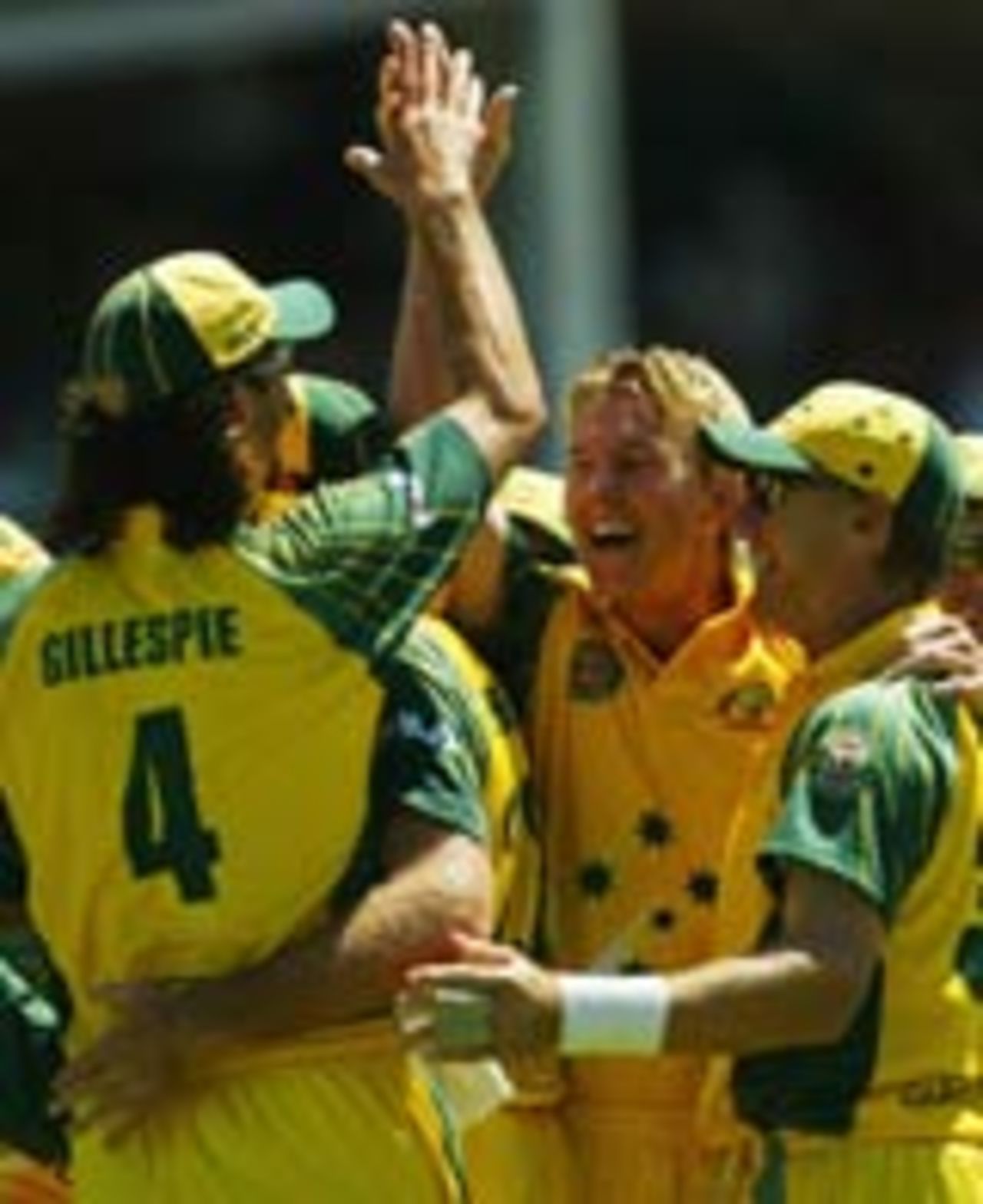 Brett Lee and Jason Gillespie celebrate, Australia v India, 11th match, VB Series, Perth, February 1, 2004