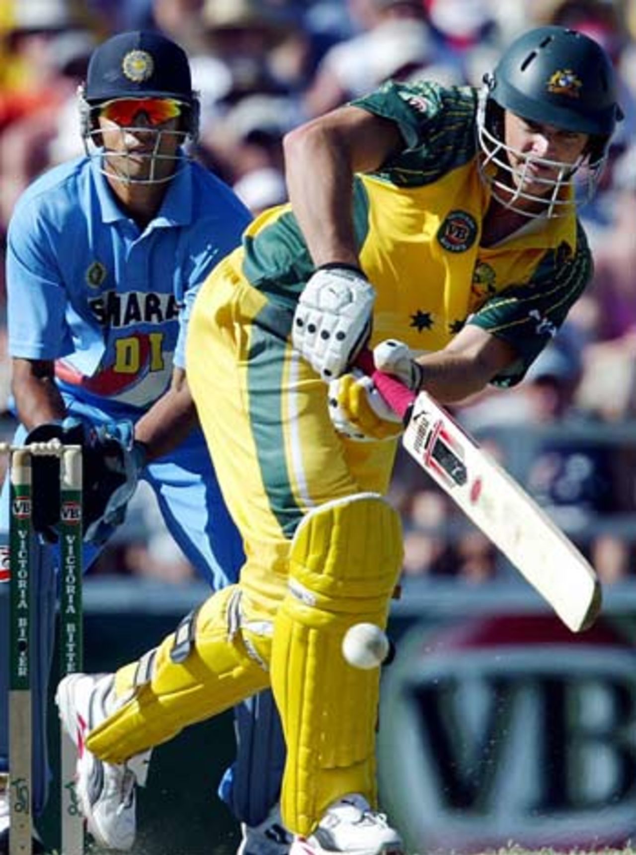 Adam Gilchrist flicks one to leg on the way to his 65-ball 75, Australia v India, 11th match, VB Series, Perth, February 1, 2004