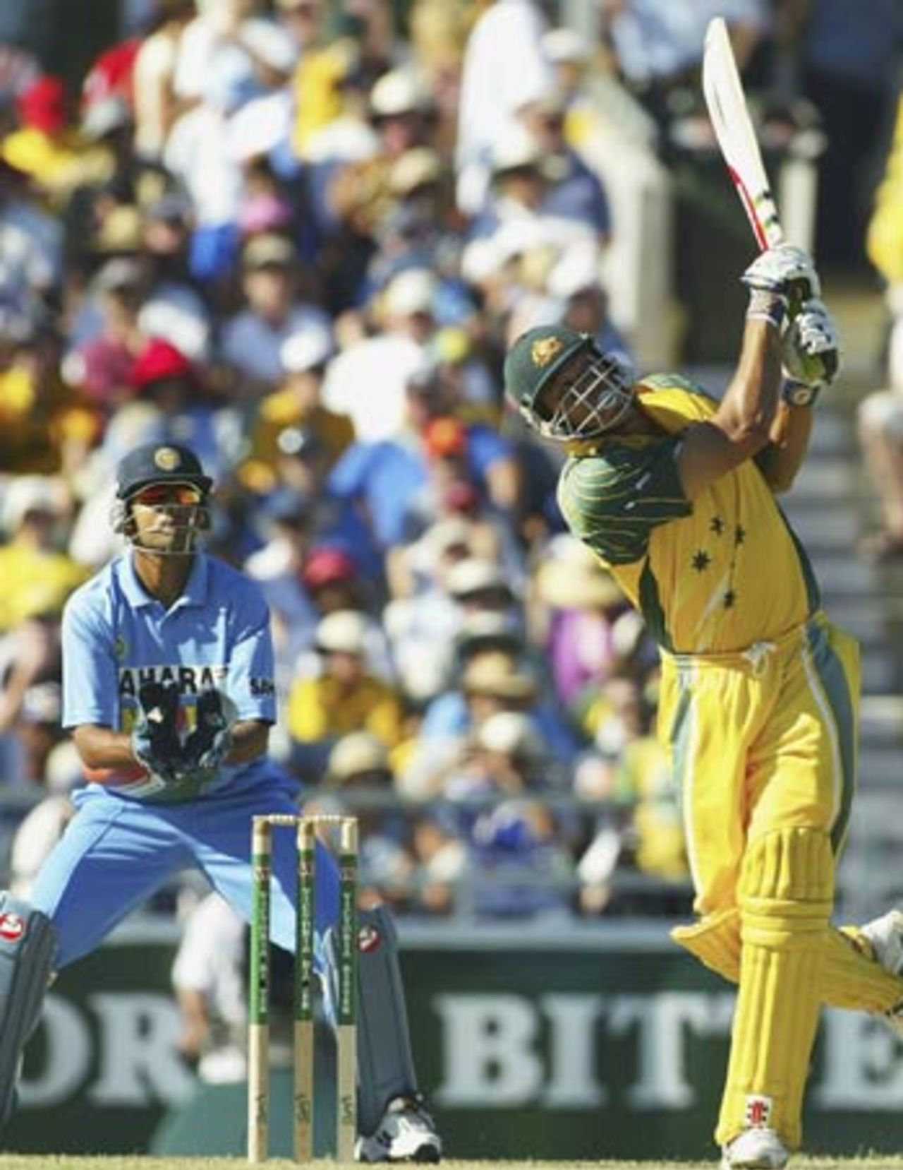 Andrew Symonds lofts Murali Kartik for six as Australia motor along, Australia v India, 11th match, VB Series, Perth, February 1, 2004