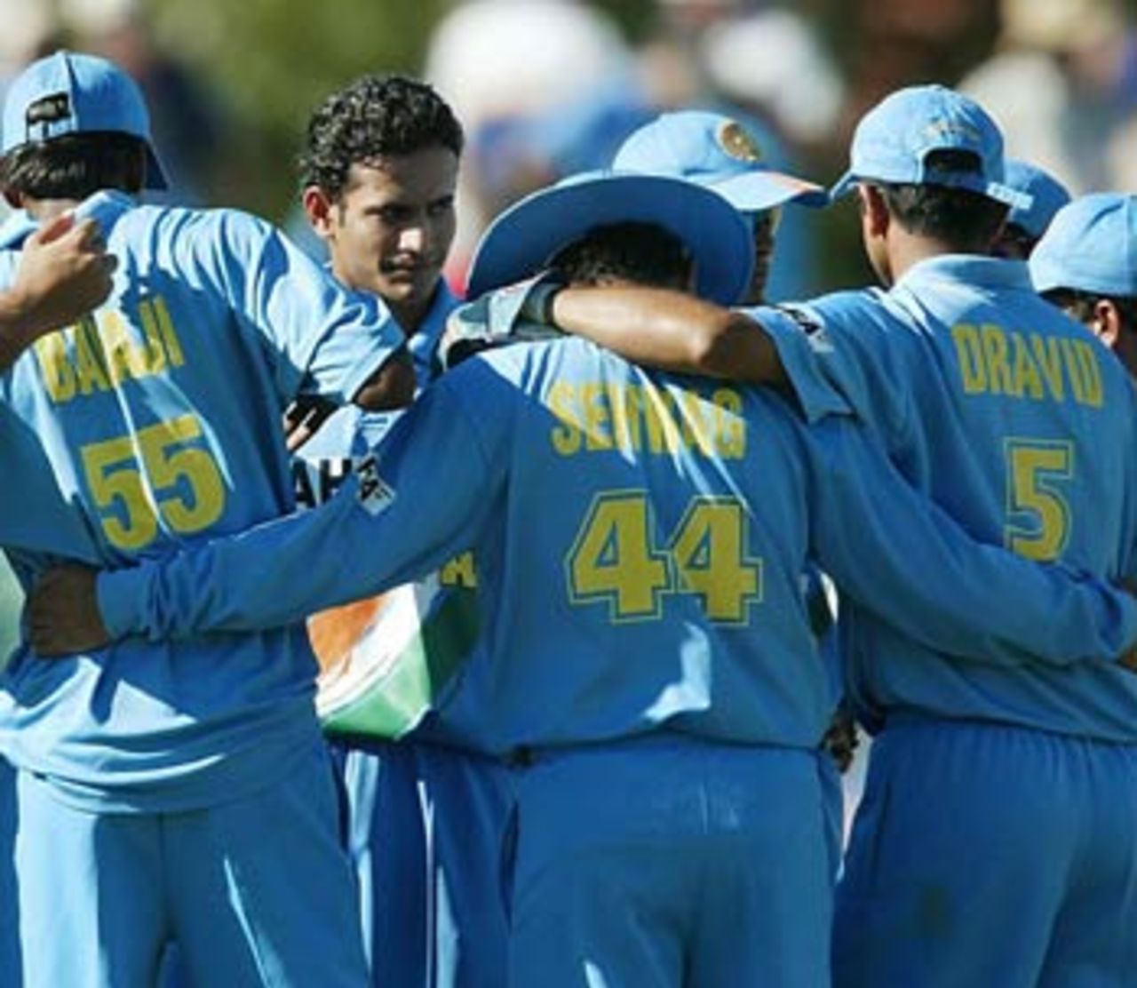 The Indians get into a huddle as Adam Gilchrist is dismissed, Australia v India, 11th match, VB Series, Perth, February 1, 2004