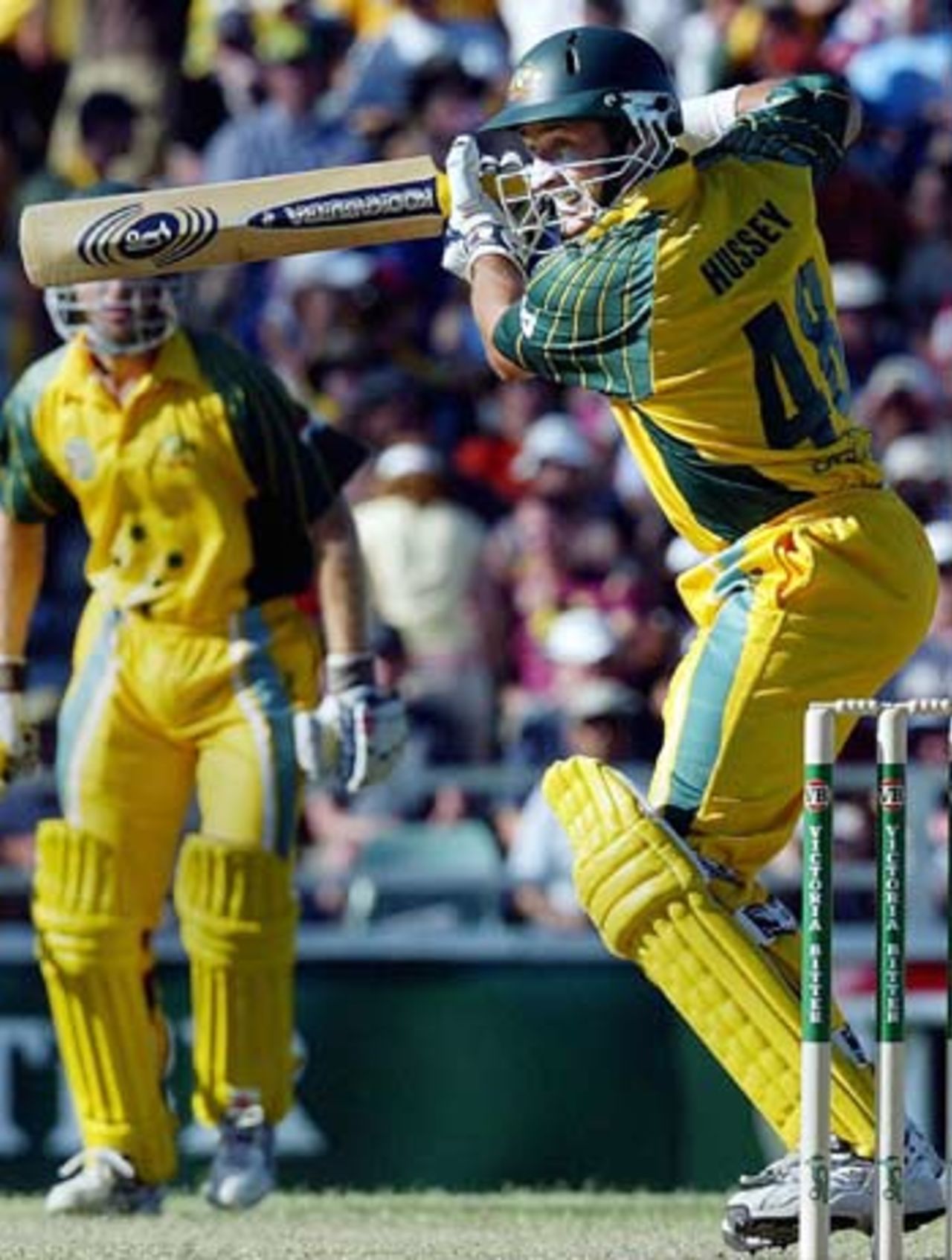 Michael Hussey glides one to third man, Australia v India, 11th match, VB Series, Perth, February 1, 2004