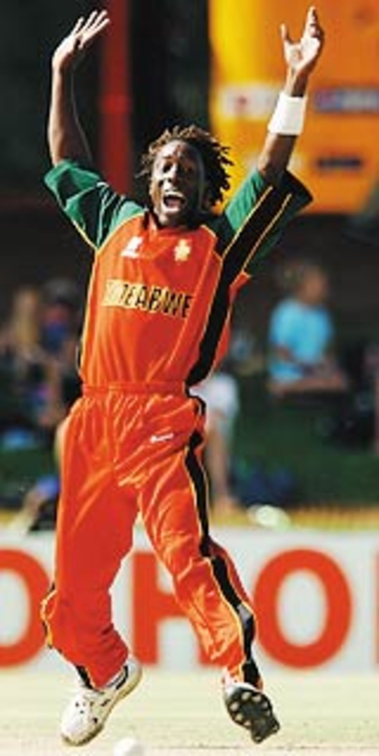 Henry Olonga appeals during the World Cup Super Six One Day International, Kenya v Zimbabwe, World Cup, Bloemfontein, March 12, 2003
