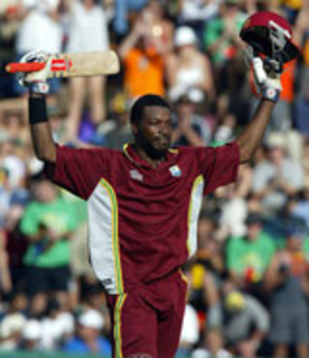 Chris Gayle celebrates his century, South Africa v West Indies, 5th ODI, Johannesburg, February 4, 2004