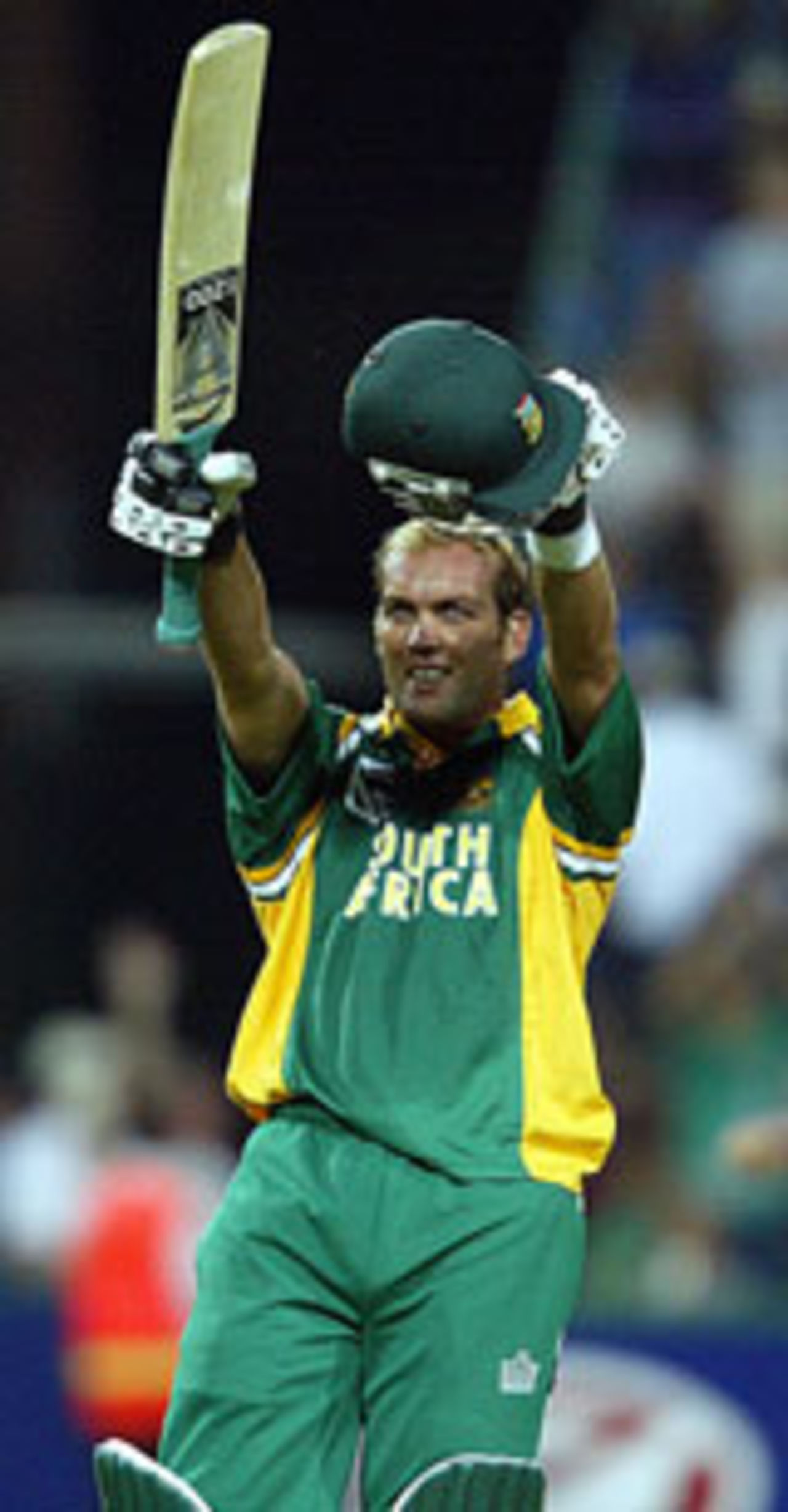 Jacques Kallis celebrates his hundred, South Africa v West Indies, 5th ODI, Johannesburg, February 5, 2004