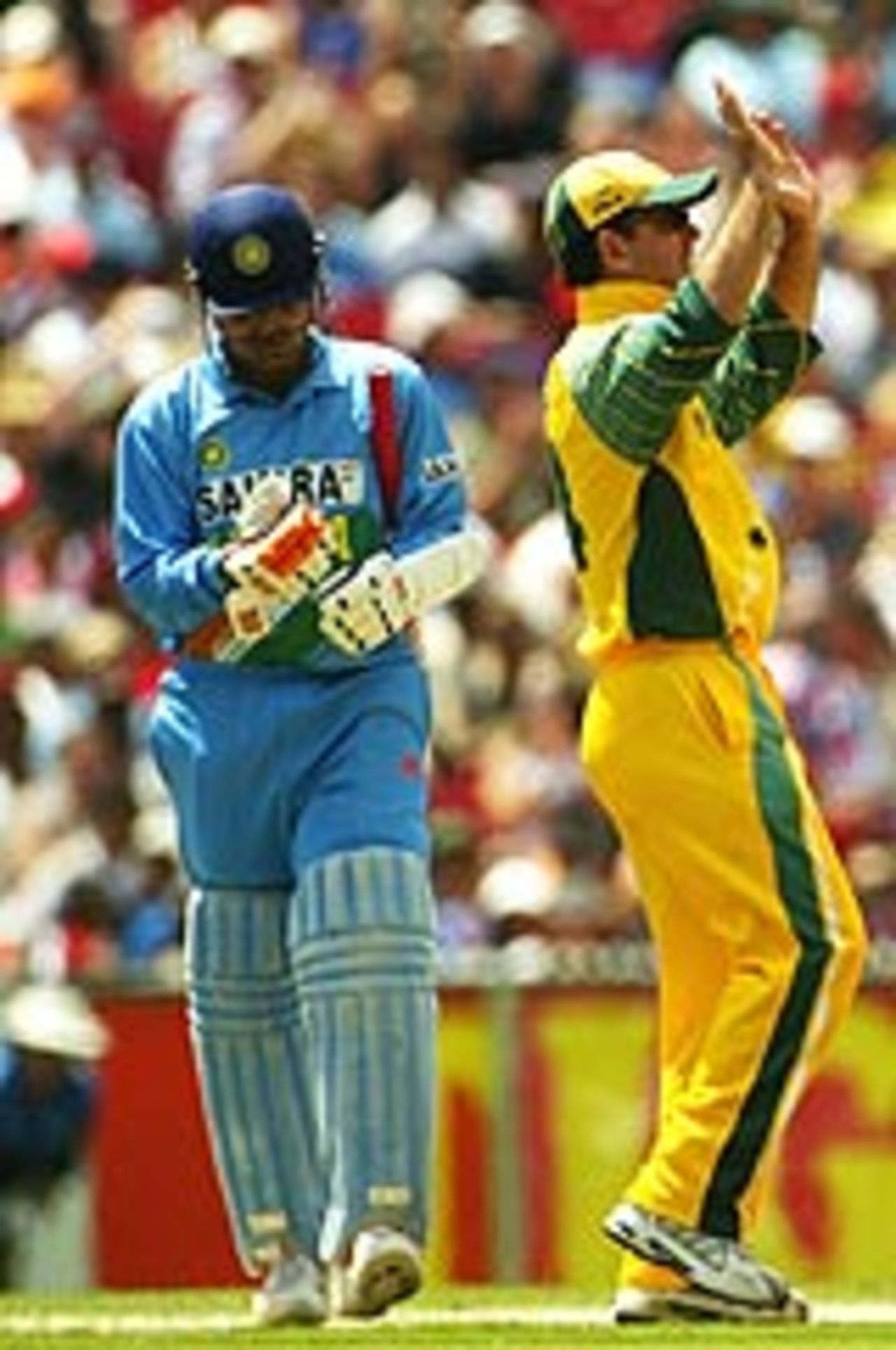 Virender Sehwag walks back after a gloving Jason Gillespie snorter to the keeper, Australia v India, VB Series, 1st final, Melbourne, February 6, 2004