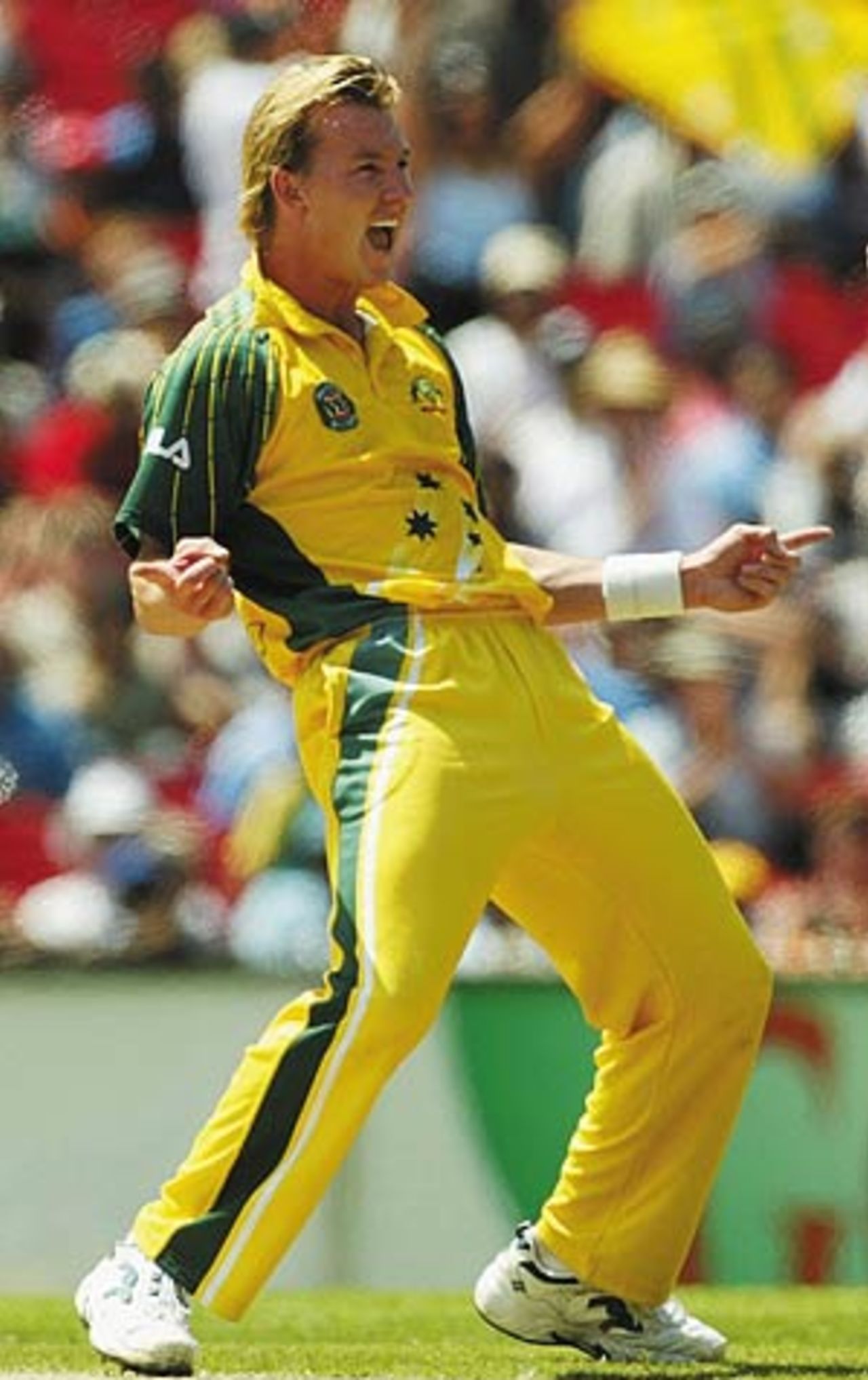 Brett Lee displays his ecstasy after castling Sachin Tendulkar, Australia v India, VB Series, 1st final, Melbourne, February 6, 2004