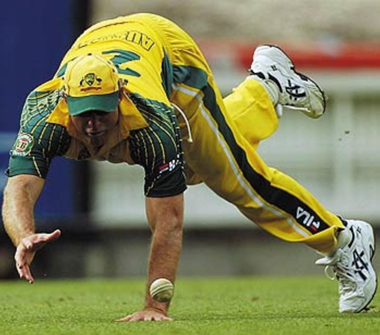 The Australian fielding is razor-sharp as Matthew Hayden pulls off an athletic stop, Australia v India, VB Series, 1st final, Melbourne, February 6, 2004
