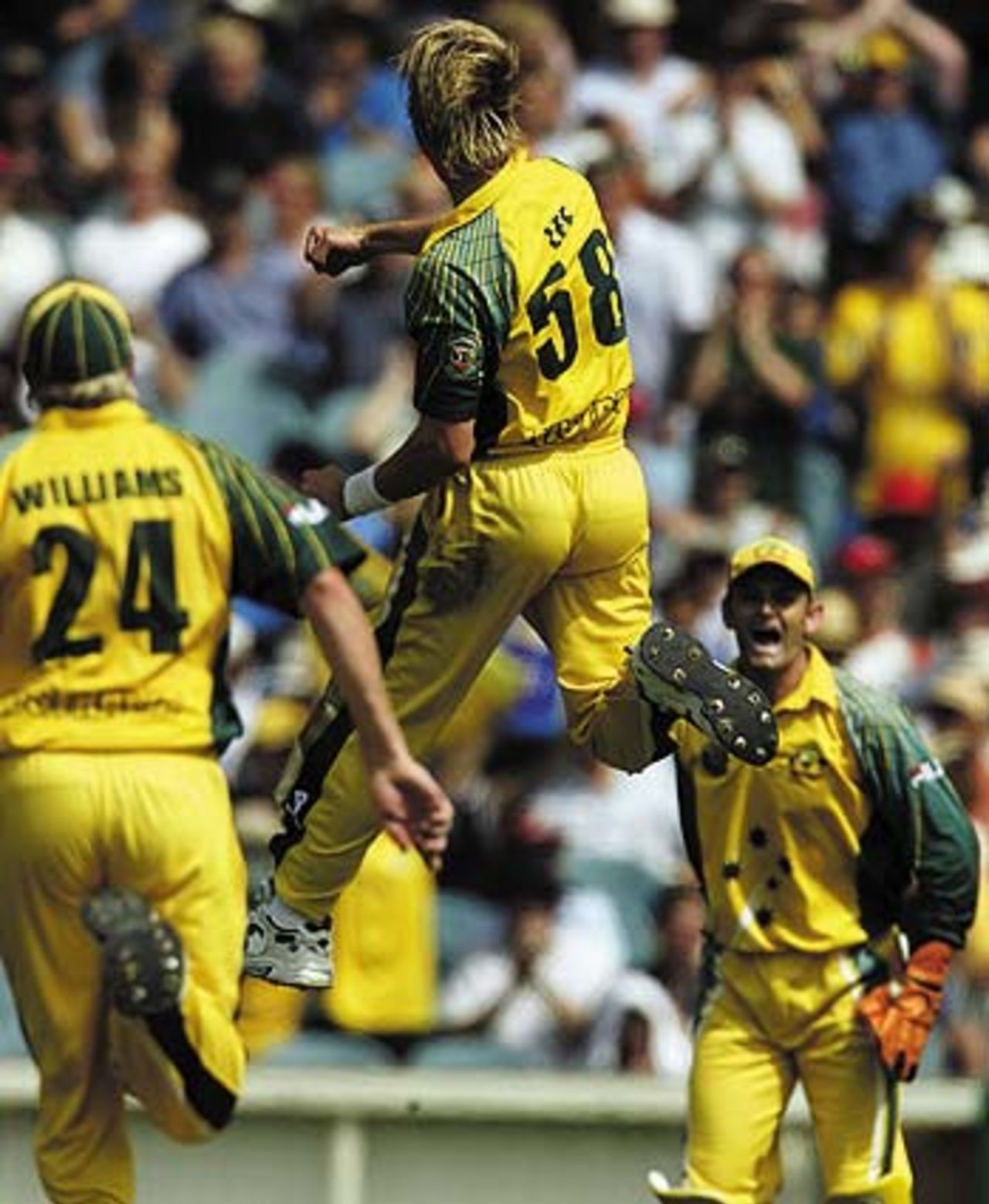 Brett Lee leaps high in the air after dismissing Yuvraj Singh, Australia v India, VB Series, 1st final, Melbourne, February 6, 2004