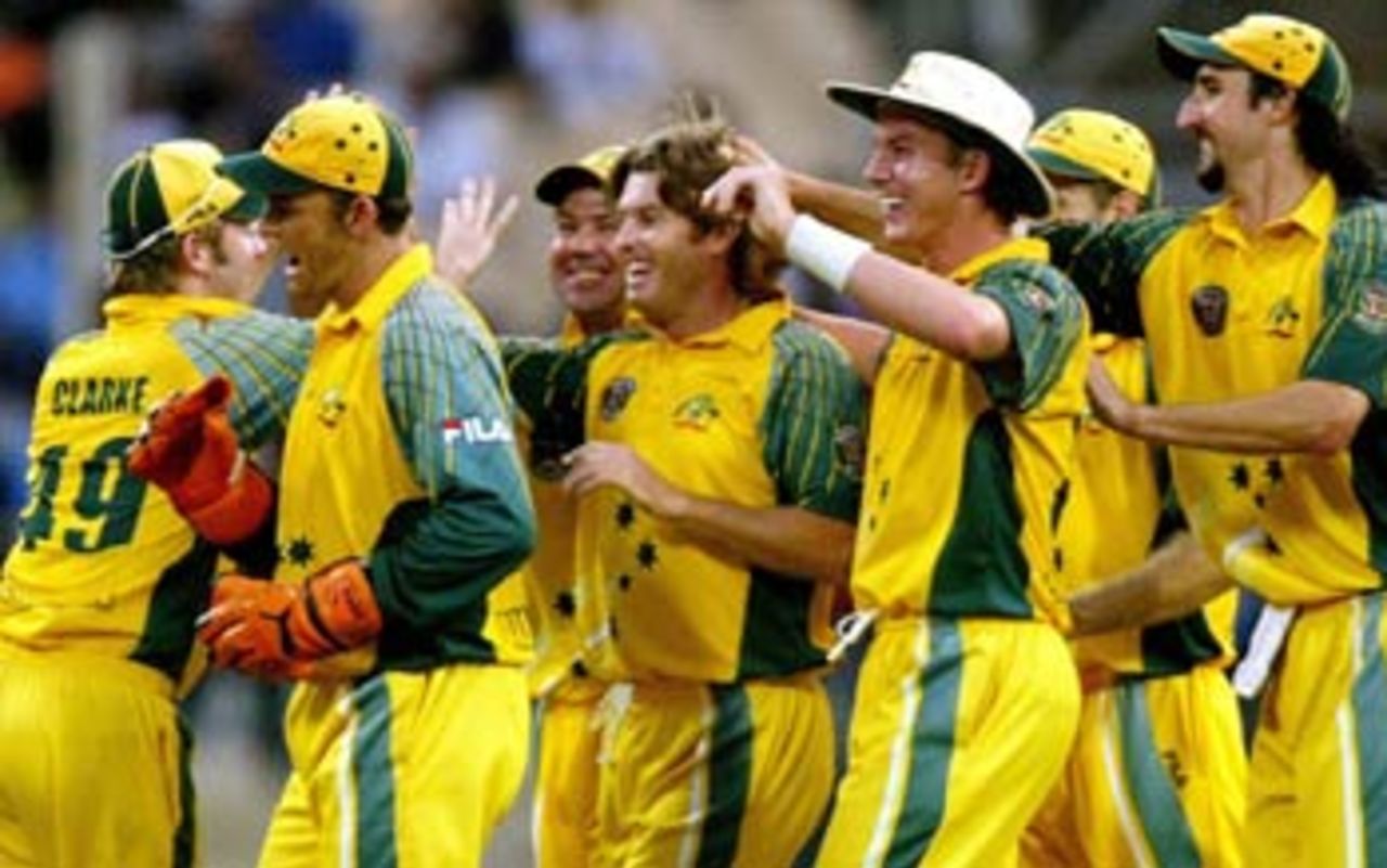 The Australians came together repeatedly to celebrate the regular fall of India wickets, Australia v India, VB Series, 2nd final, Sydney, February 8, 2004