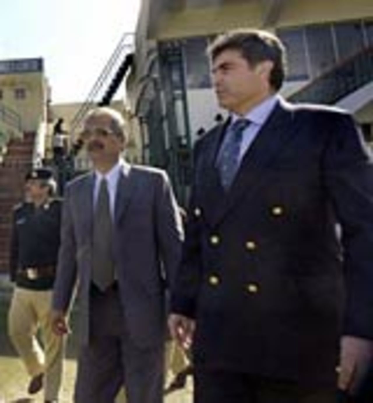 Yashovardhan Azad inspects the Arbaba Niaz Cricket Stadium in Peshawar, February 11 2004