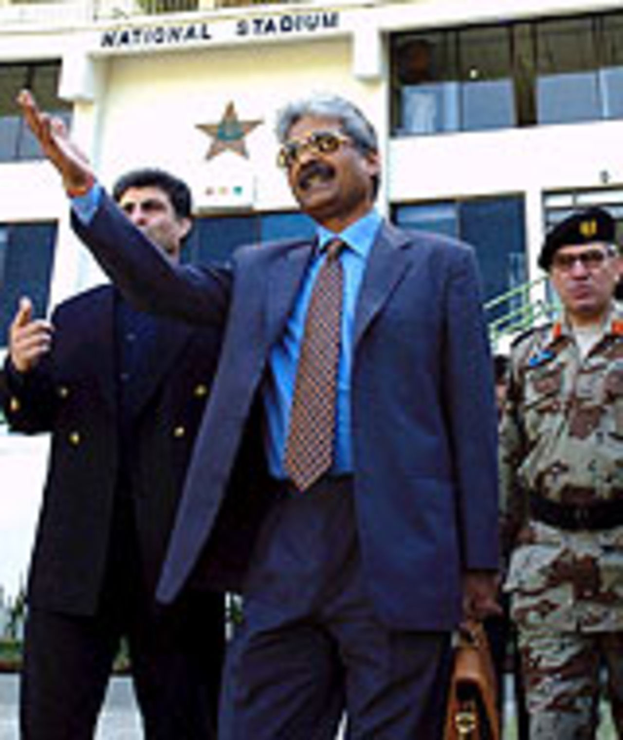 Yashovardhan Azad, a member of the BCCI's security delegation, checking out the facilities at Karachi's National Stadium, February 12, 2004