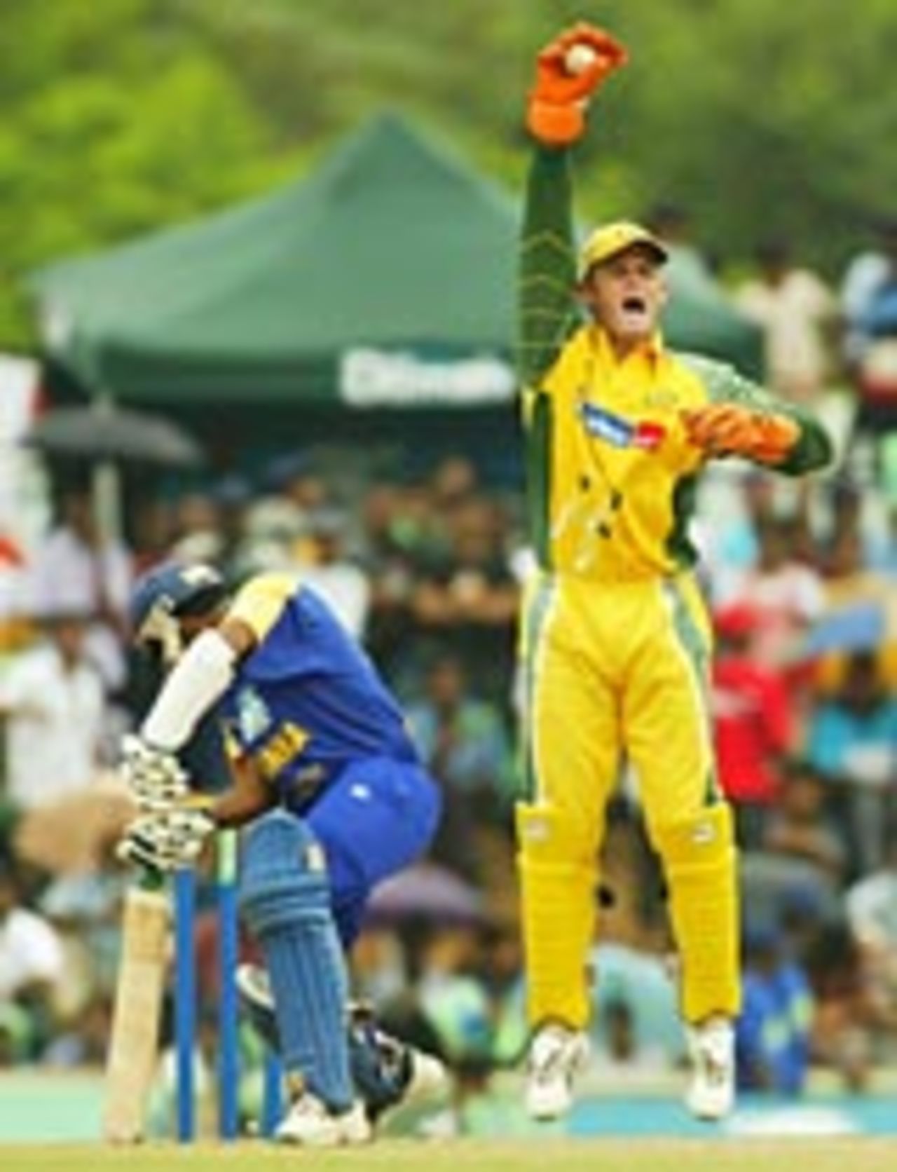Adam GIlchrist appeals unsuccessfully for a catch off Mahela Jayawardene, Sri Lanka v Australia, 2nd ODI, Dambulla, February 22, 2004