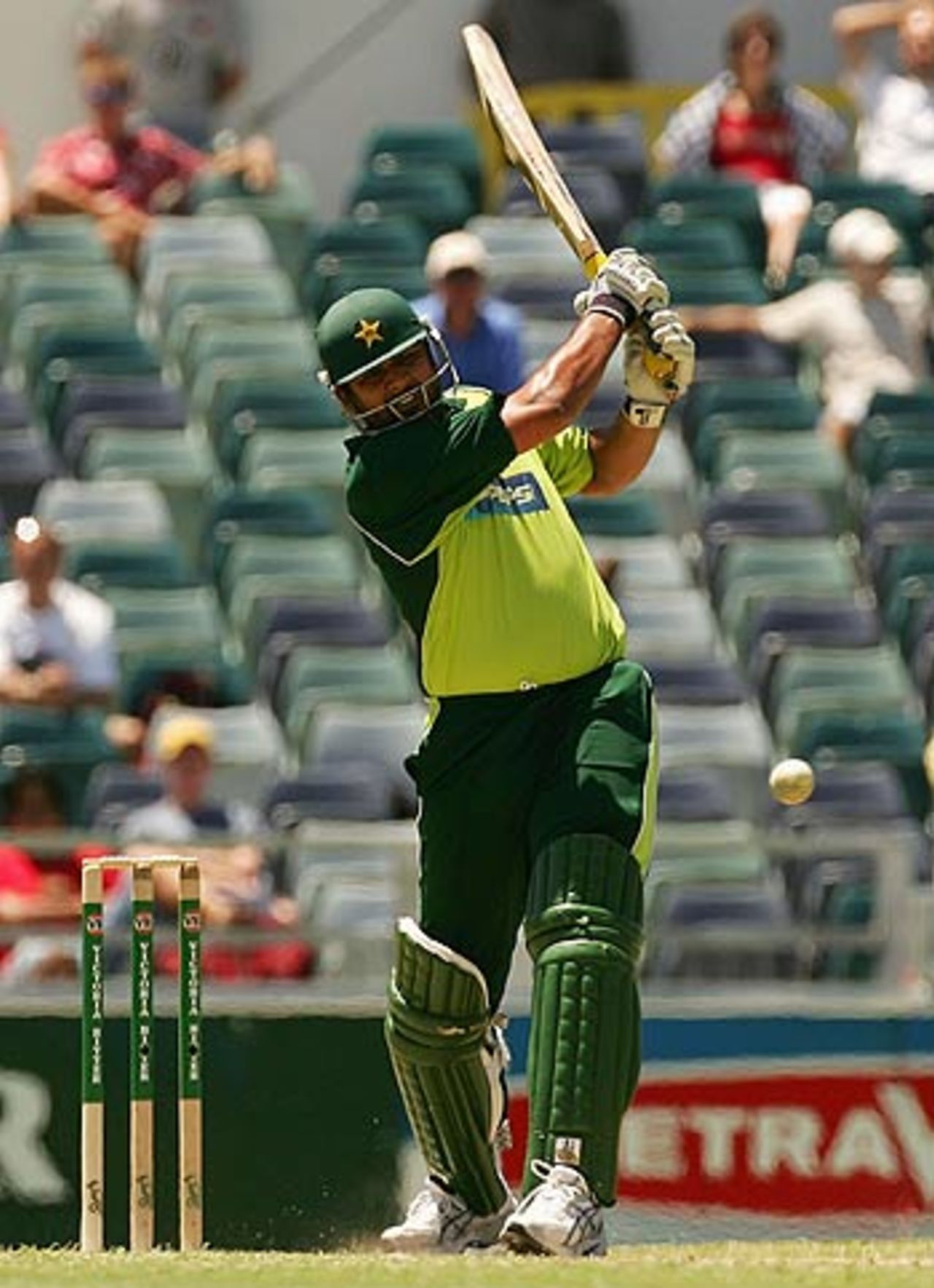 Inzamam-ul-Haq lofts one straight over the bowler, Pakistan v West Indies, VB Series, Perth, February 1, 2005