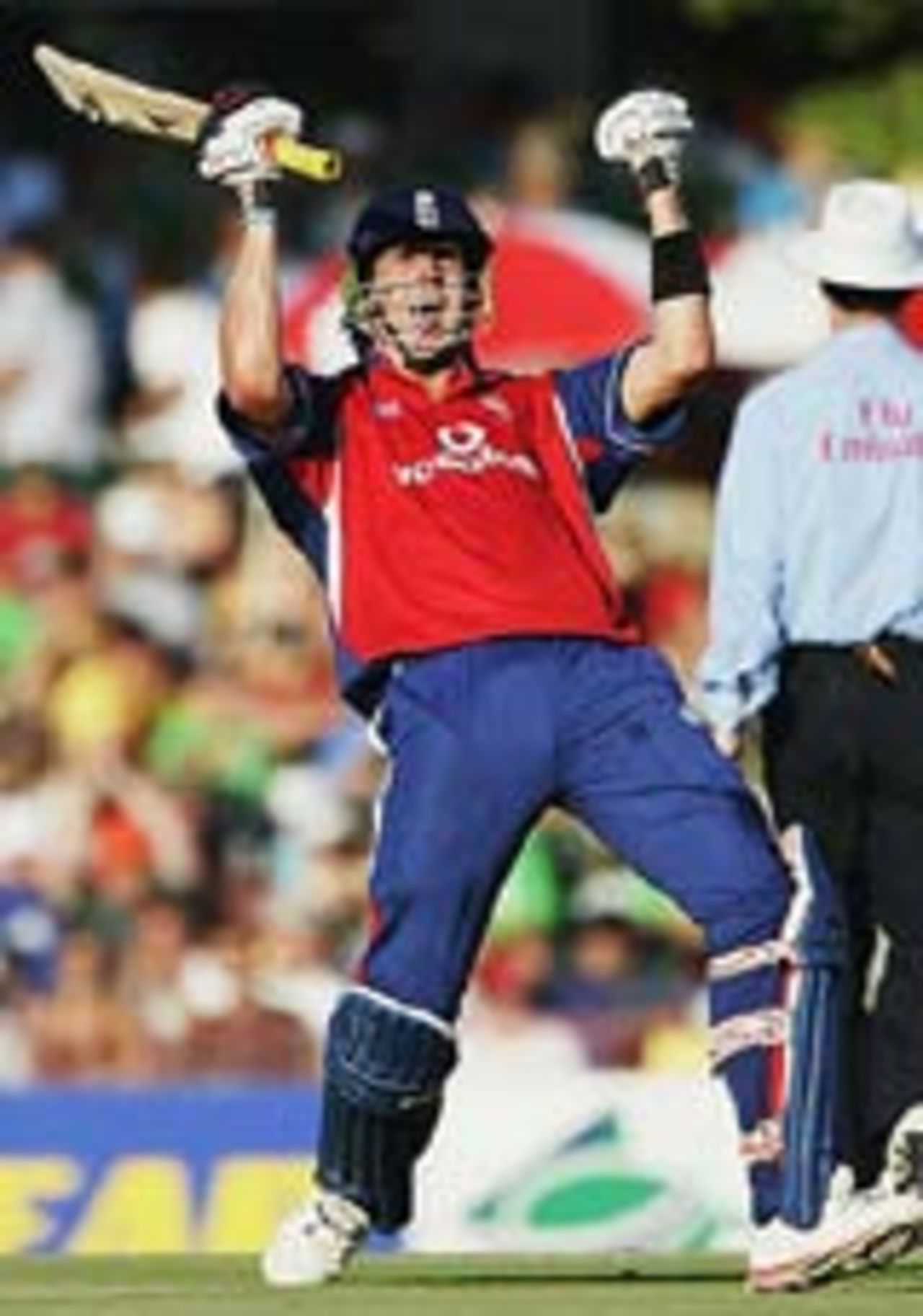 Kevin Pietersen celebrates his maiden one-day century, England v South Africa, Bloemfontein, 2nd ODI, February 2, 2005
