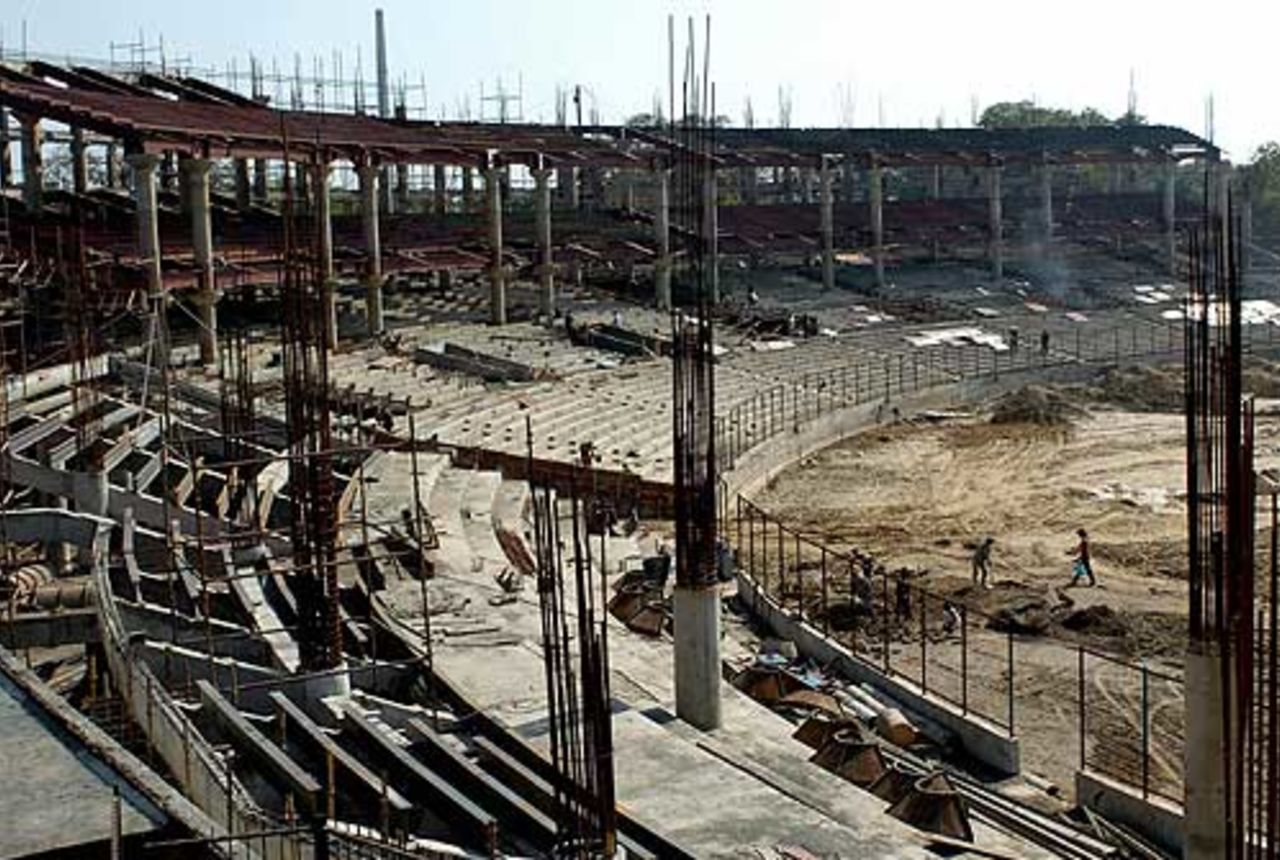 Redevelopment at the Feroz Shah Kotla stadium. Doubts have been raised whether the ground will completed in time, February 2005