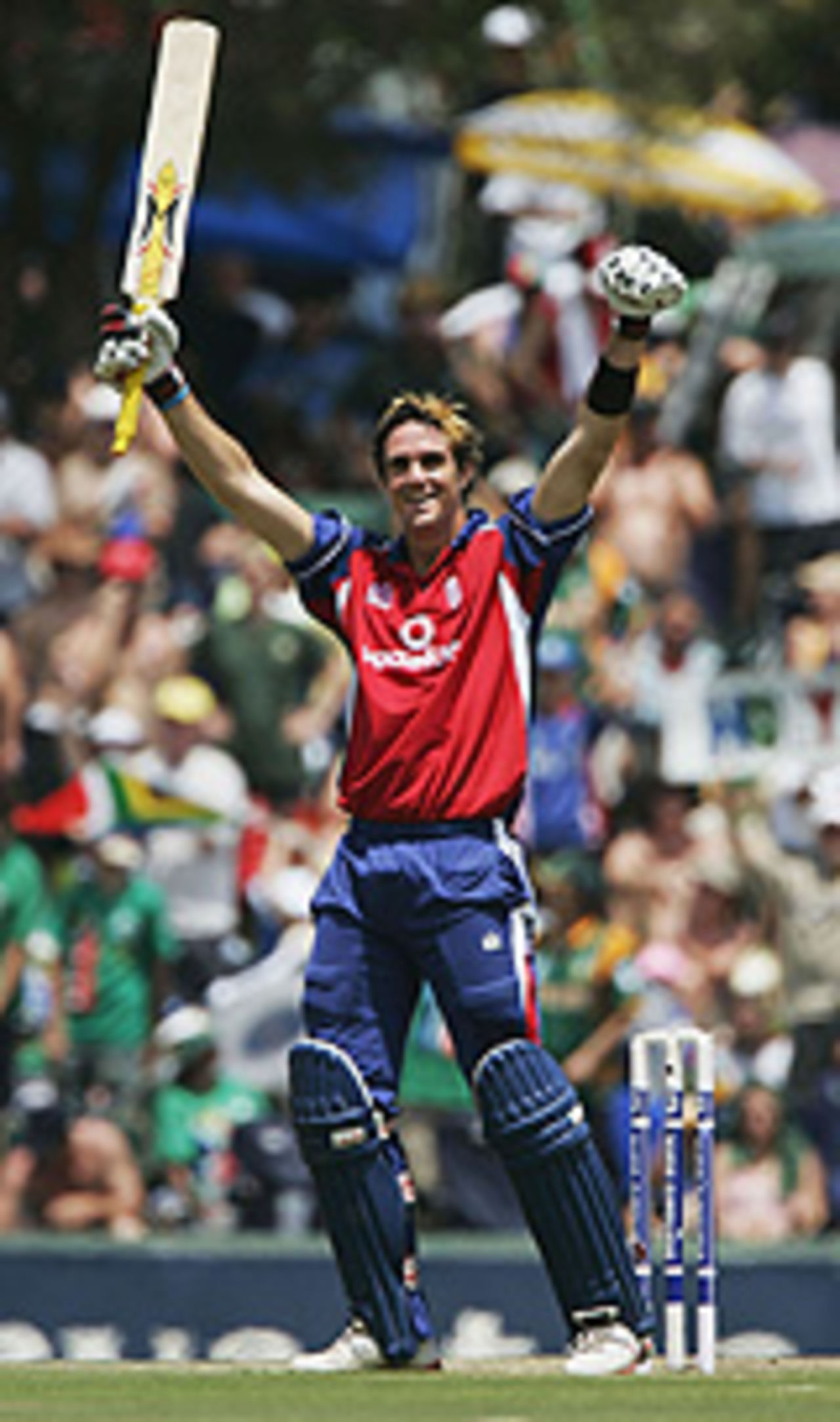 Kevin Pietersen celebrates his third century of the series, as England recover from a dreadful start at Centurion, South Africa v England, 7th ODI, February 13, 2005