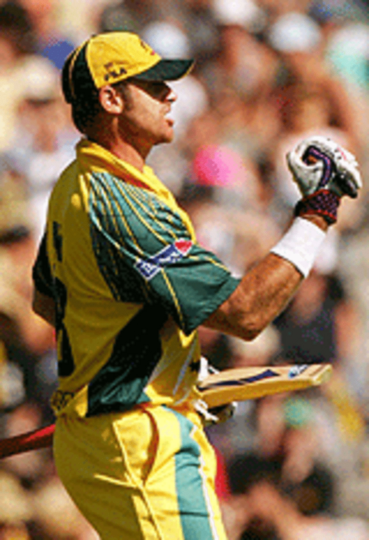 Matthew Hayden celebrates after reaching his hundred, New Zealand v Australia, 2nd ODI, Christchurch, February 22, 2005