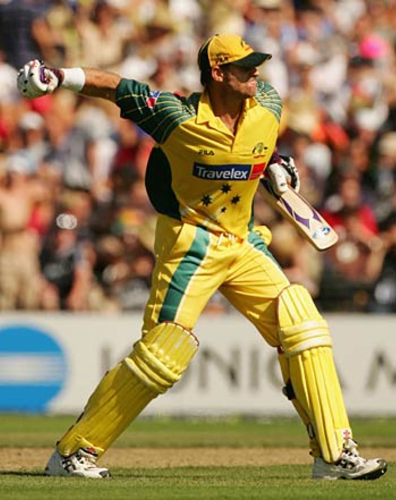 Matthew Hayden celebrates his hundred, New Zealand v Australia, 2nd ODI, Christchurch, February 22, 2005