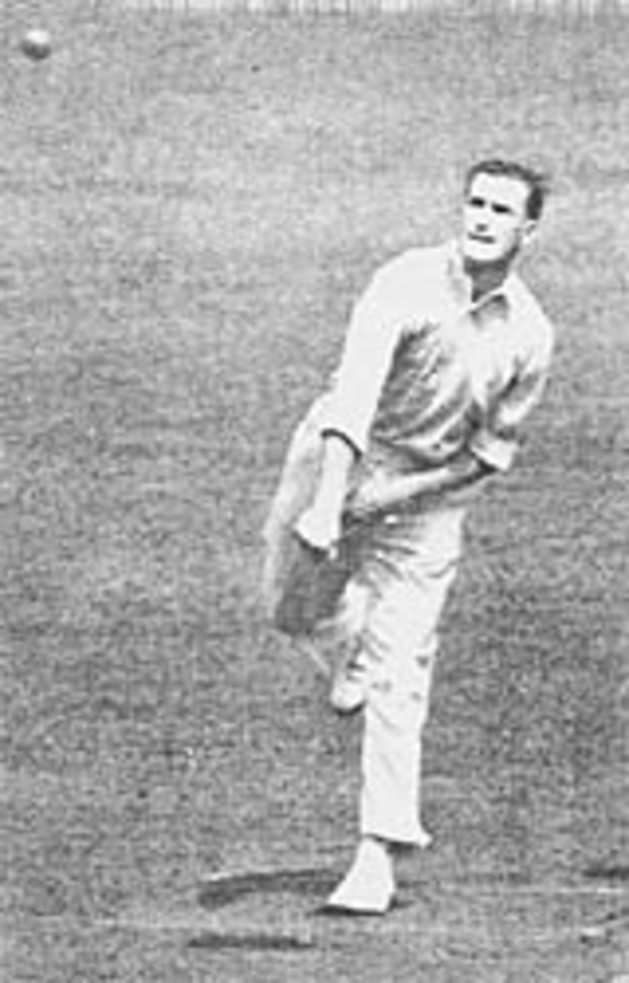 Jim Laker bowling on his way to 8 for 2, England v The Rest, Bradford, May 31, 1950