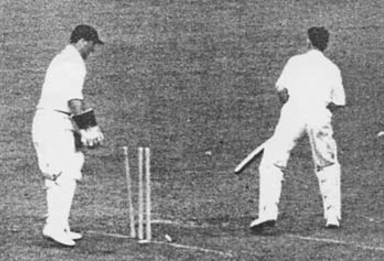 Dick Spooner bowled Jim Laker for 0, England v The Rest, Bradford, May 31, 1950