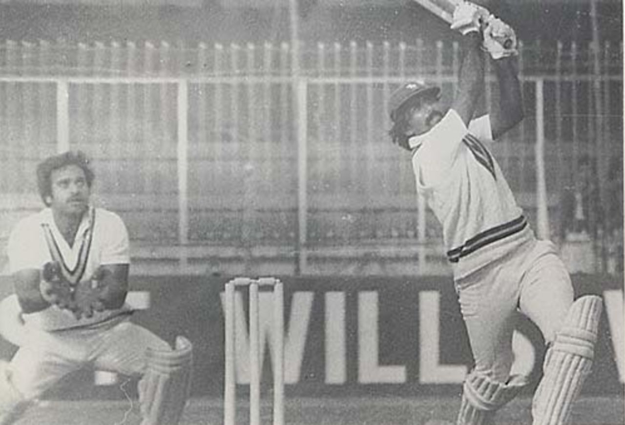 Javed Miandad steps out to clear the boundary, six of 280 runs at Hyderabad in 1982-83. It was his only six of the innings, but he was present at the crease for an awfully long time: eleven-and-a-half hours. The fall of wickets tells you something: 1-60 (Mohsin Khan), 2-60 (Haroon Rashid), 3-511 (Mudassar Nazar). In one gig together, Javed and Mudassar both made just 11 fewer than all of India's runs that Test. India lost the game in the mind and an innings-defeat followed. The unbeaten 280 remained Miandad's defining knock in Tests, and this image - standing still with his arms raised, eyes squinting to follow the ball's trajectory - could be from any game involving him and India. He'd have rather reached his 300, a mark he believed was denied to him by Imran Khan's declaration; so aggrieved was he by the declaration that he dedicated an entire chapter of an autobiography to Imran's decision.
