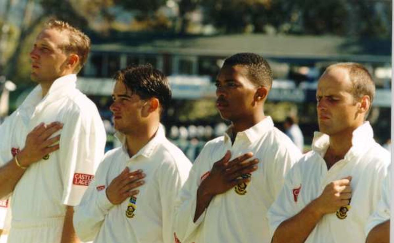 The South Africans during the National Anthem, South Africa v Sri Lanka, 1st Test at Cape Town, March 18-23 1998.