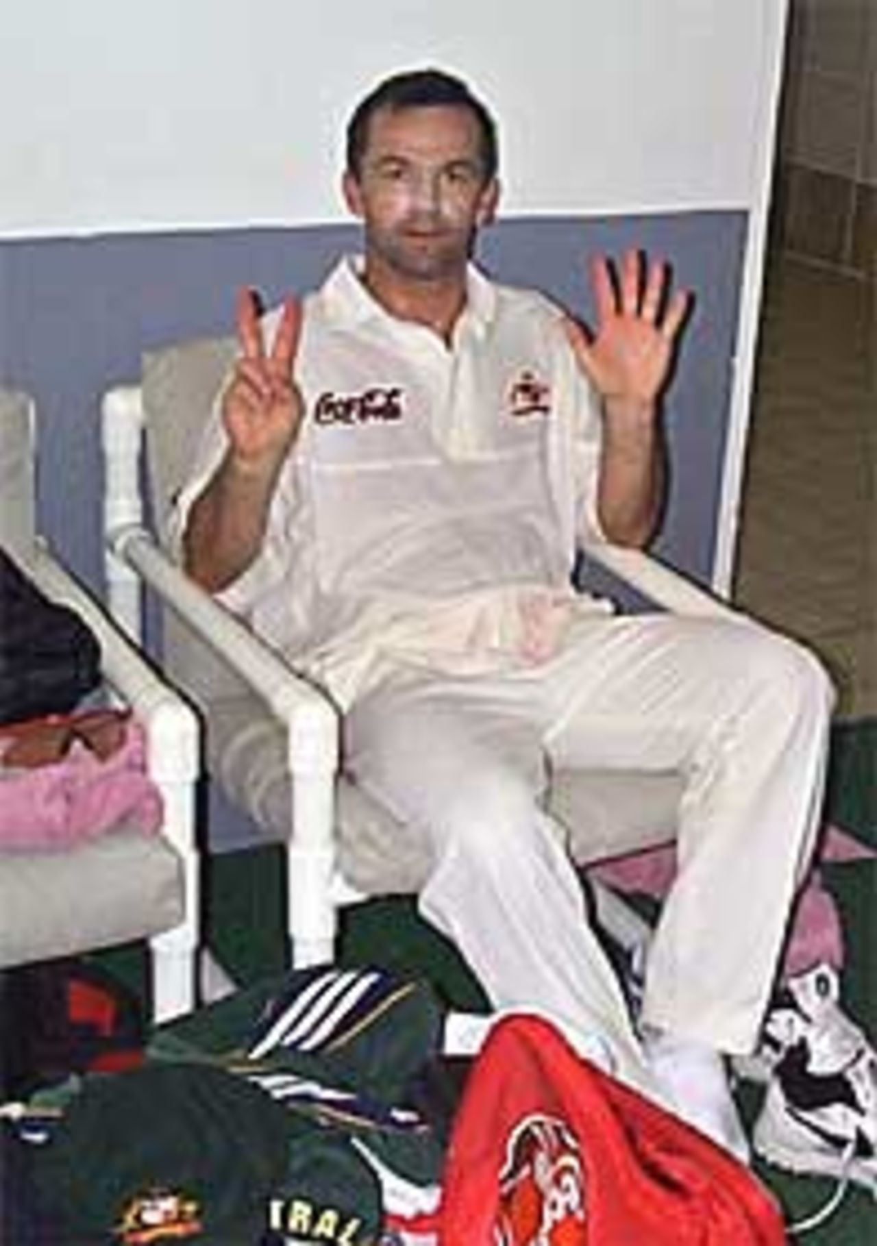 Adam Dale rests after his 7 wickets against the West Indies Board XI in Antigua. February 1999.
