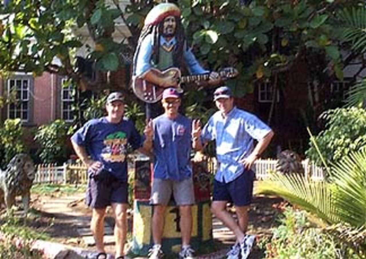 Michael Slater, Justin Langer and Steve Waugh pose for a picture in front of the Bob Marley Museum in Kingston, Jamaica. March 12, 1999.
