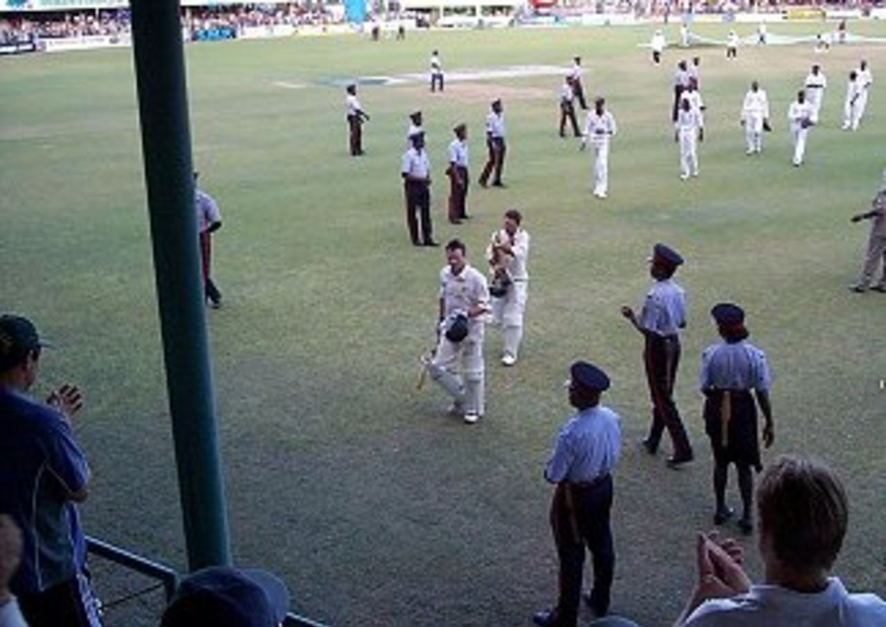 Steve Waugh and Ricky Ponting walk off the field during the second day of the third West Indies v Australia Test at Bridgetown, Barbados, March 27, 1999.