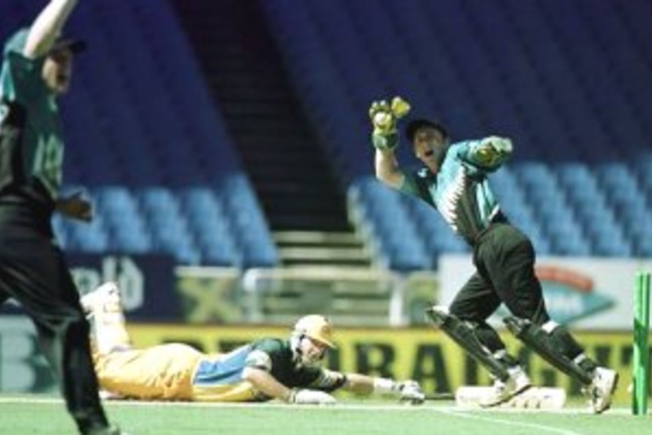 3 Mar 2000:Mark Waugh of Australia is run out for 14 by Chris Nevin of New Zealand during the sixth one day international played at Eden Park, Auckland, New Zealand.