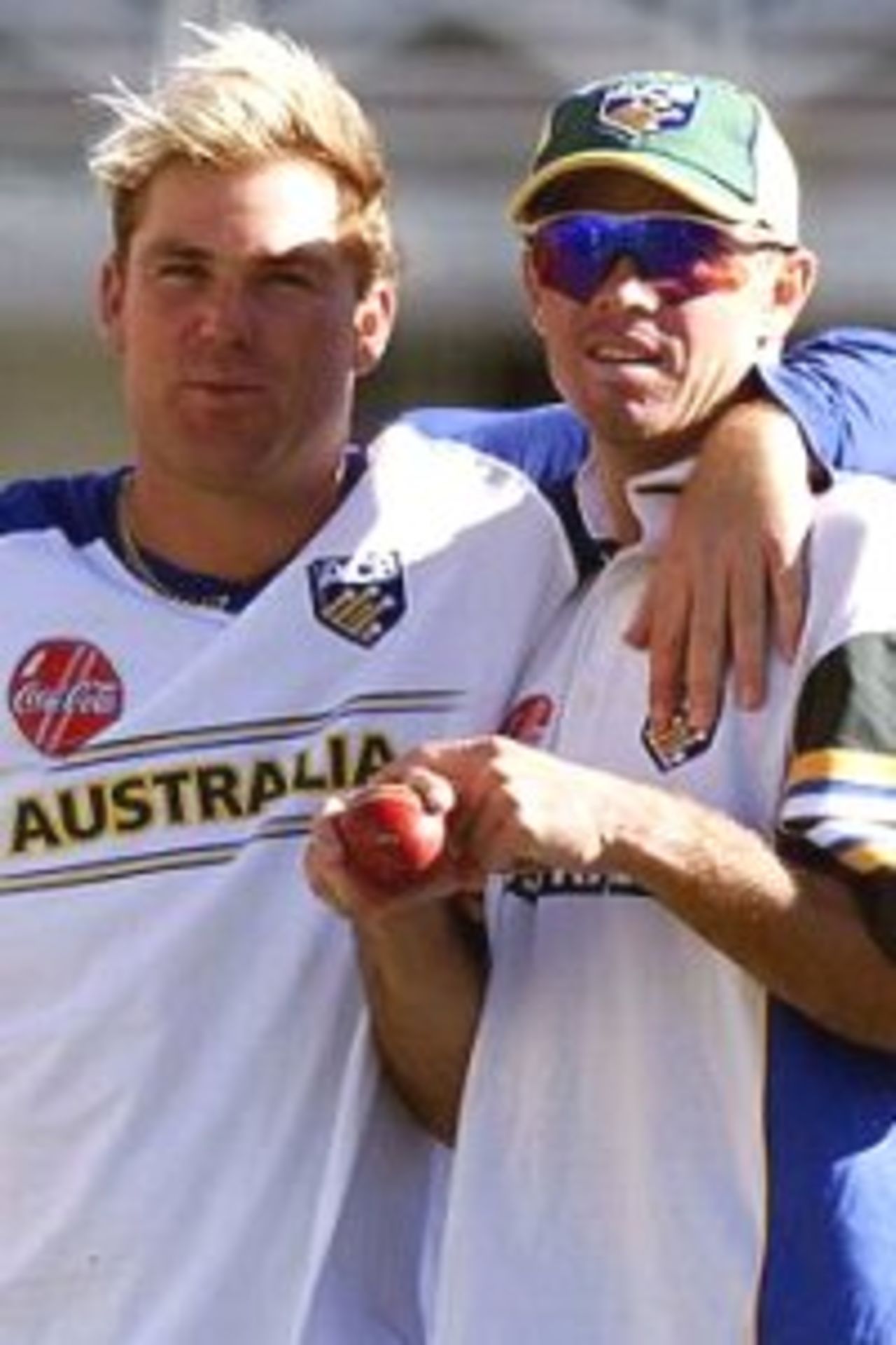 09 Mar 2000: Shane Warne (left) chats with Greg Blewett of Australia, in the nets, in the lead up to the test match between New Zealand and Australia, Eden Park, Auckland, New Zealand.