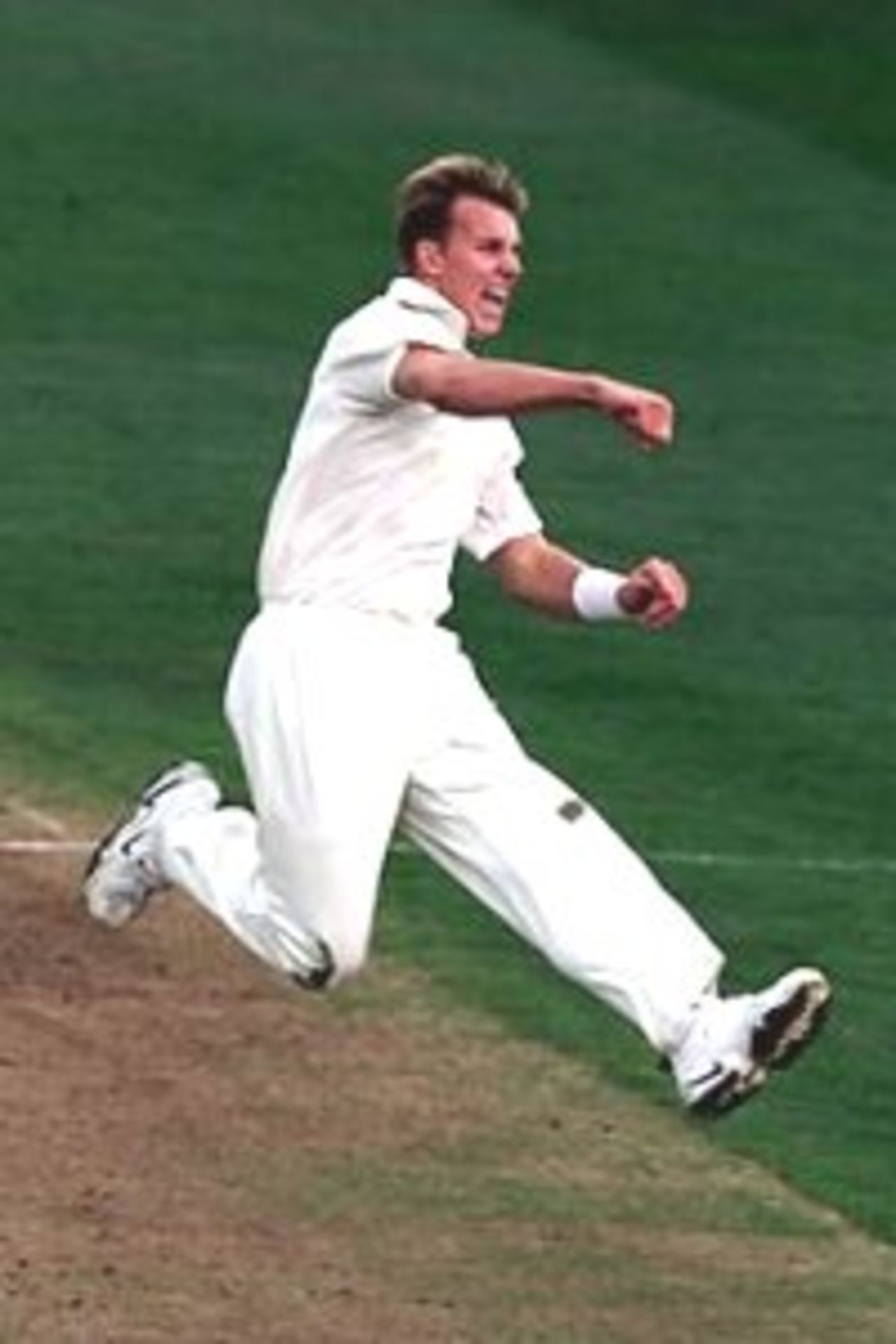 11 Mar 2000: Brett Lee of Australia celebrates the wicket of Craig Spearman of New Zealand, during the first test match between New Zealand and Australia, Eden Park, Auckland, New Zealand.