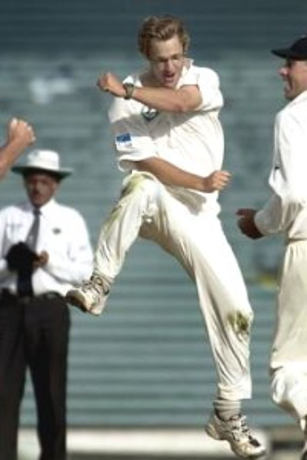 12 Mar 2000: Daniel Vettori of New Zealand celebrates his 99th career wicket, that of Mark Waugh of Australia for 25, during day two of the first test match between New Zealand and Australia, Eden Park, Auckland, New Zealand.