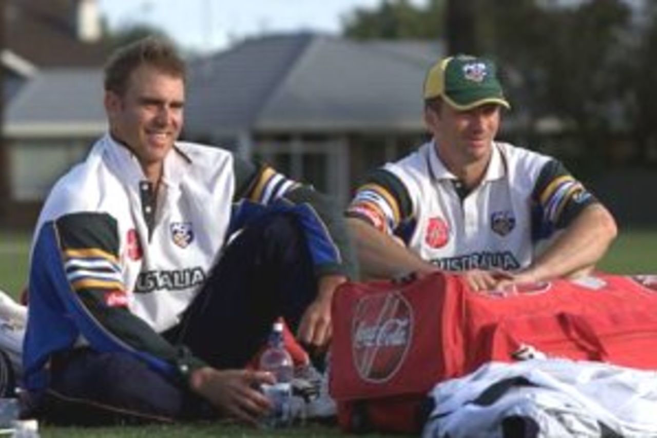 17 Mar 2000: Matthew Hayden and Steve Waugh of Australia chat to one another during training at Nelson Park, Napier, New Zealand.