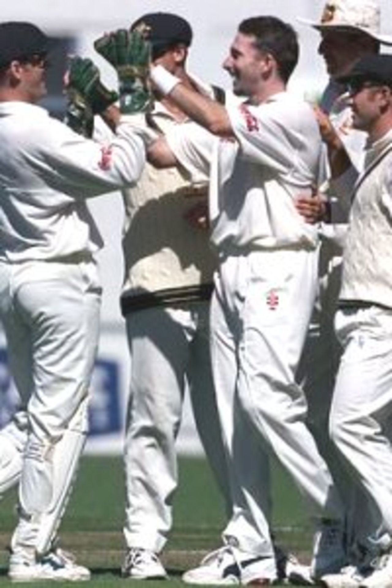 17 Mar 2000: Damien Fleming of Australia, who finished with 5 for 21, celebrates the wicket Mark Douglas of Central Districts, during day one of the tour game between Central Districts and Australia at McLean Park, Napier, New Zealand.