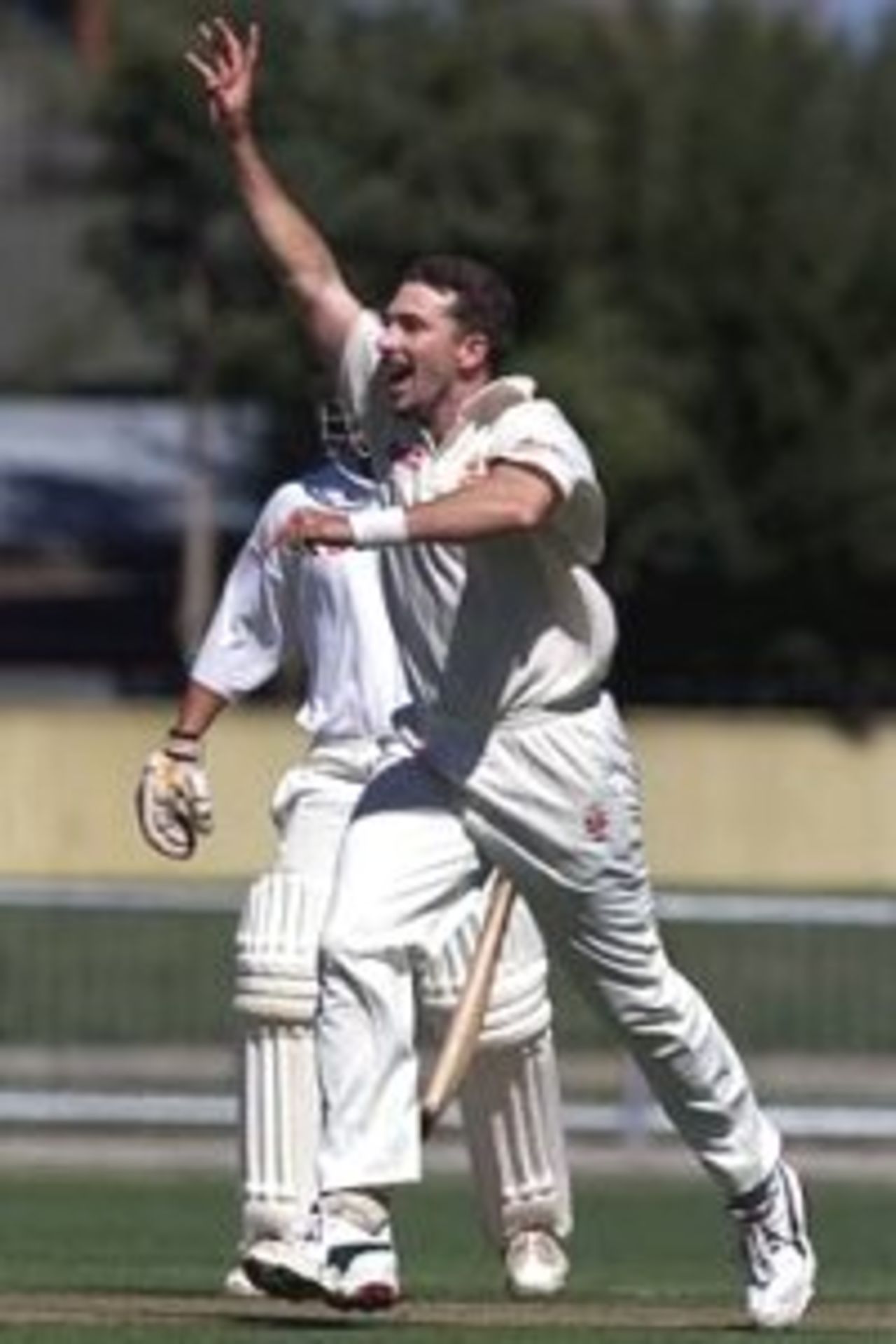 17 Mar 2000: Damien Fleming of Australia, who finished with 5 for 21, celebrates the wicket of Mark Douglas of Central Districts, during day one of the tour game between Central Districts and Australia at McLean Park, Napier, New Zealand.