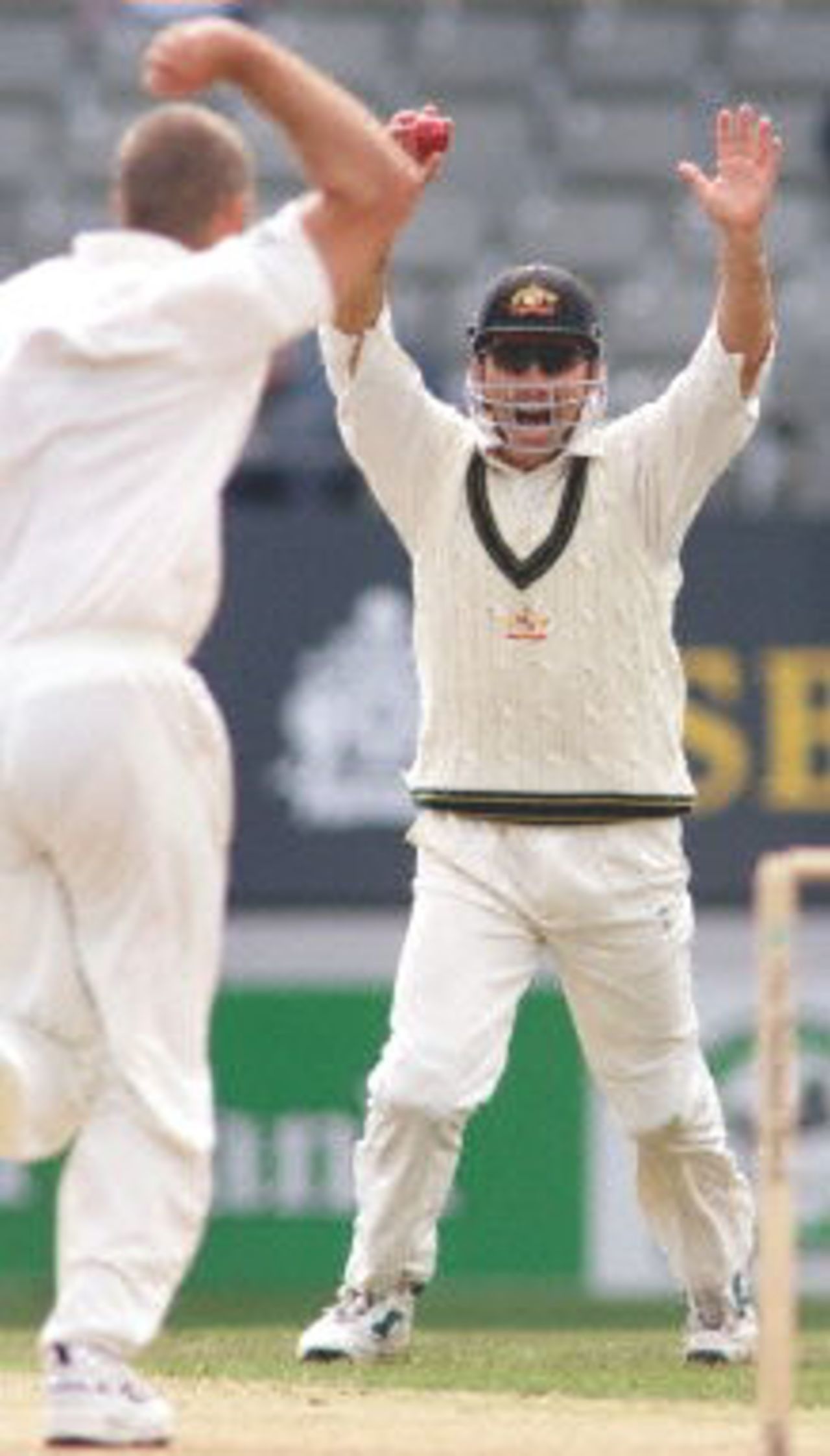 Australian fieldsman Justin Langer (R) celebrates dismissing New Zealand batsman Matt Horne with bowler Colin Miller (L) on the third day of the first Test Match being played at Eden Park in Auckland, 13 March 2000. New Zealand, who is chasing 281 runs for victory, are 151-5 at stumps.