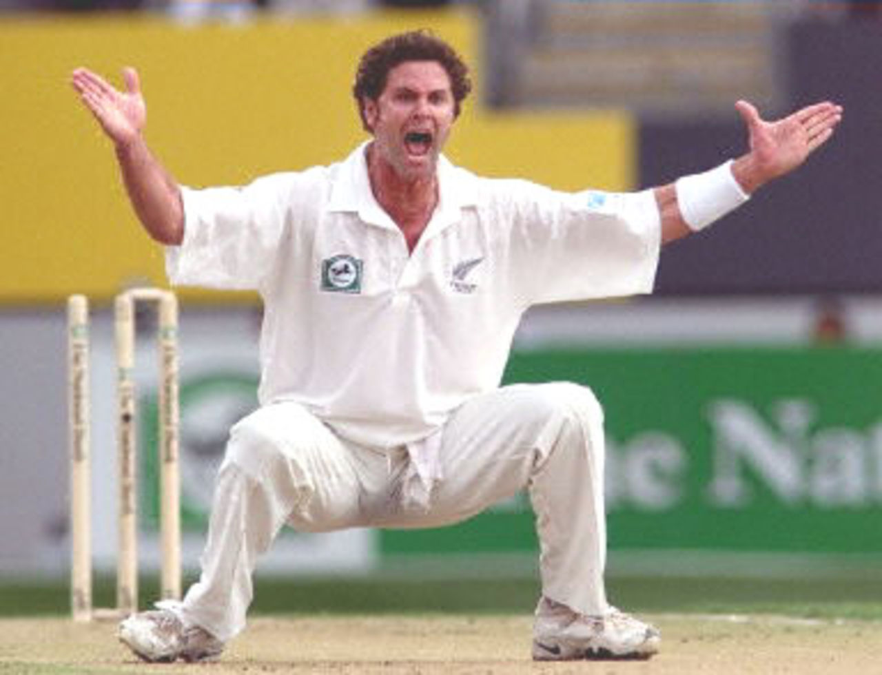 New Zealand fast bowler Chris Cairns celebrates bowling Australian opening batsman Michael Slater for five on the first day of the first Test Match at Eden Park in Auckland 11 March 2000. At lunch Australia is 97-3 with Mark and Steve Waugh the not out batsmen.