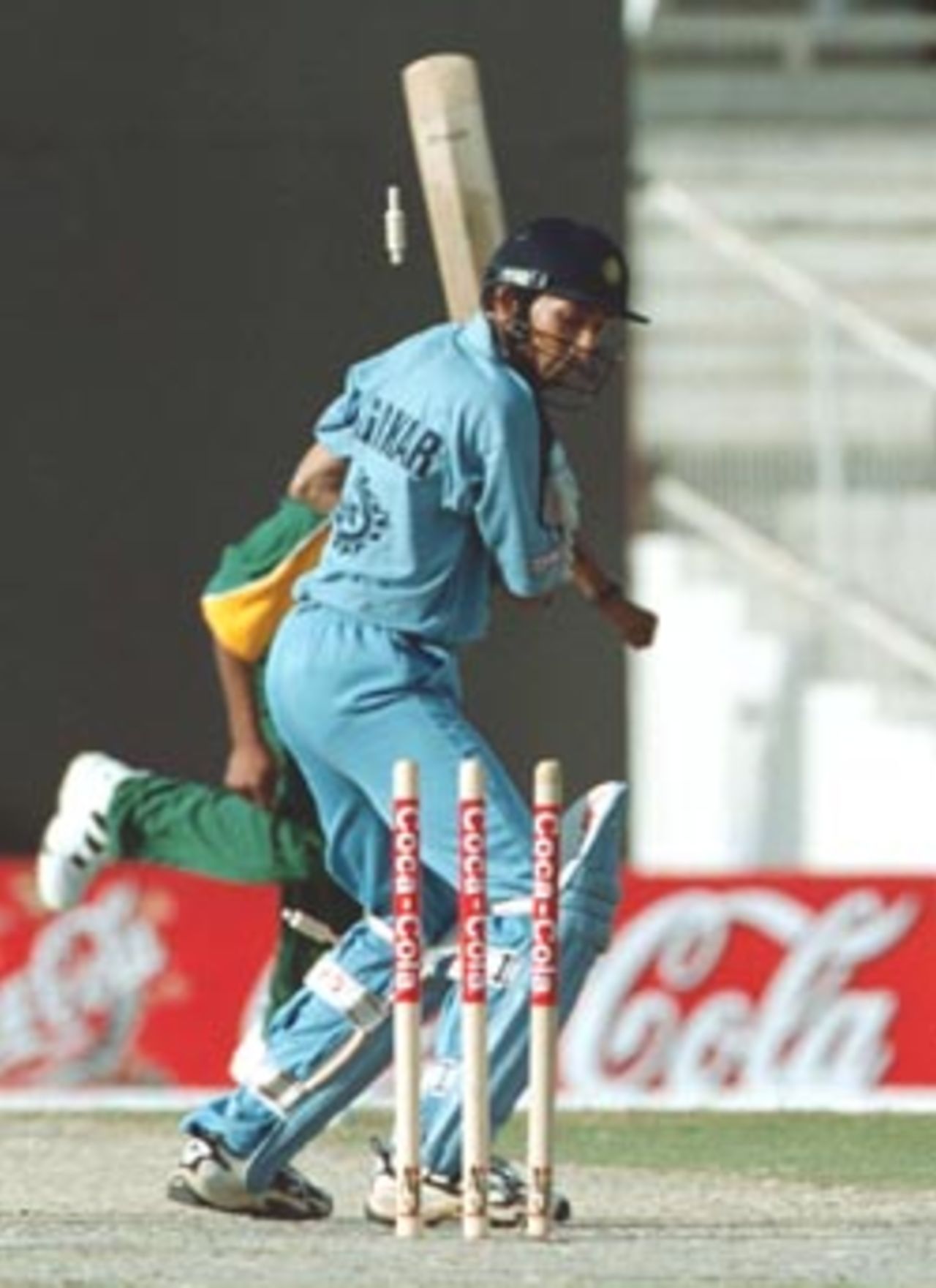 Ajit Agarkar clean bowled by Makhaya Ntini, India v South Africa, Coca-Cola Cup, 1999/00, C.A. Stadium Sharjah, 22 March 2000