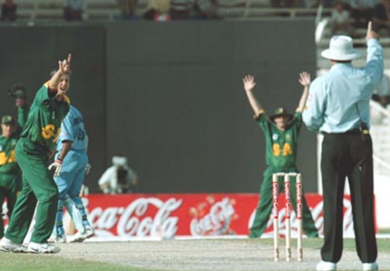 Robin Singh being given out lbw of the bowling of Elworthy India v South Africa, Coca-Cola Cup, 1999/00, Sharjah C.A. Stadium, 22 March 2000
